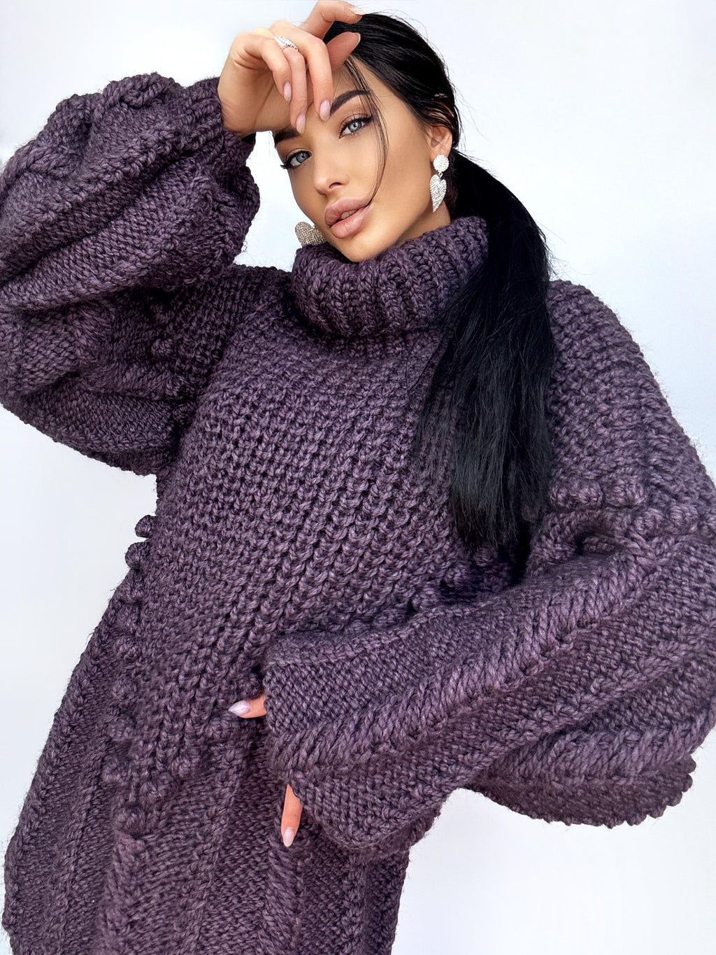 Chunky hand knit Big Plum Brown Purple alpaca wool sweater Cable knit pullover high collar Knitted turtleneck Super Bulky Sweater dress
