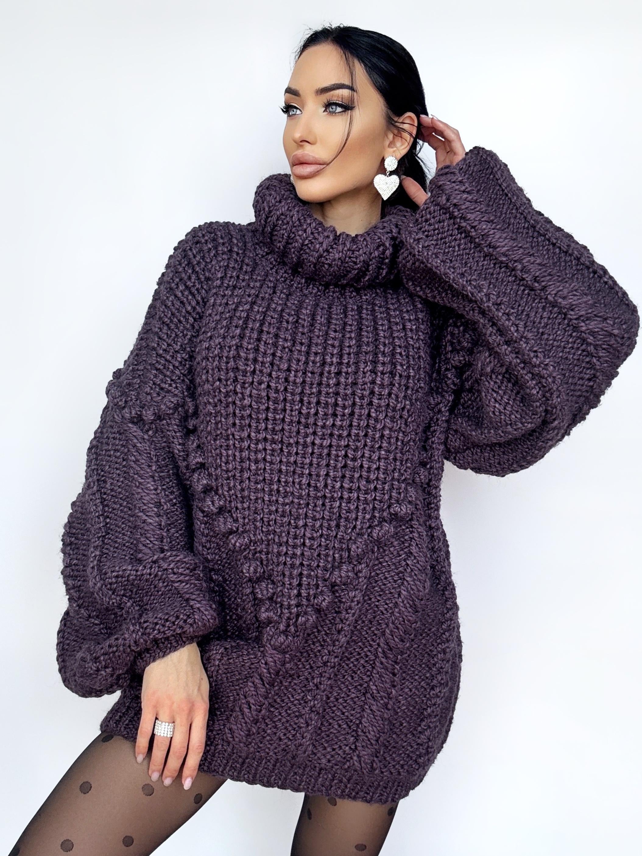 Chunky hand knit Big Plum Brown Purple alpaca wool sweater Cable knit pullover high collar Knitted turtleneck Super Bulky Sweater dress