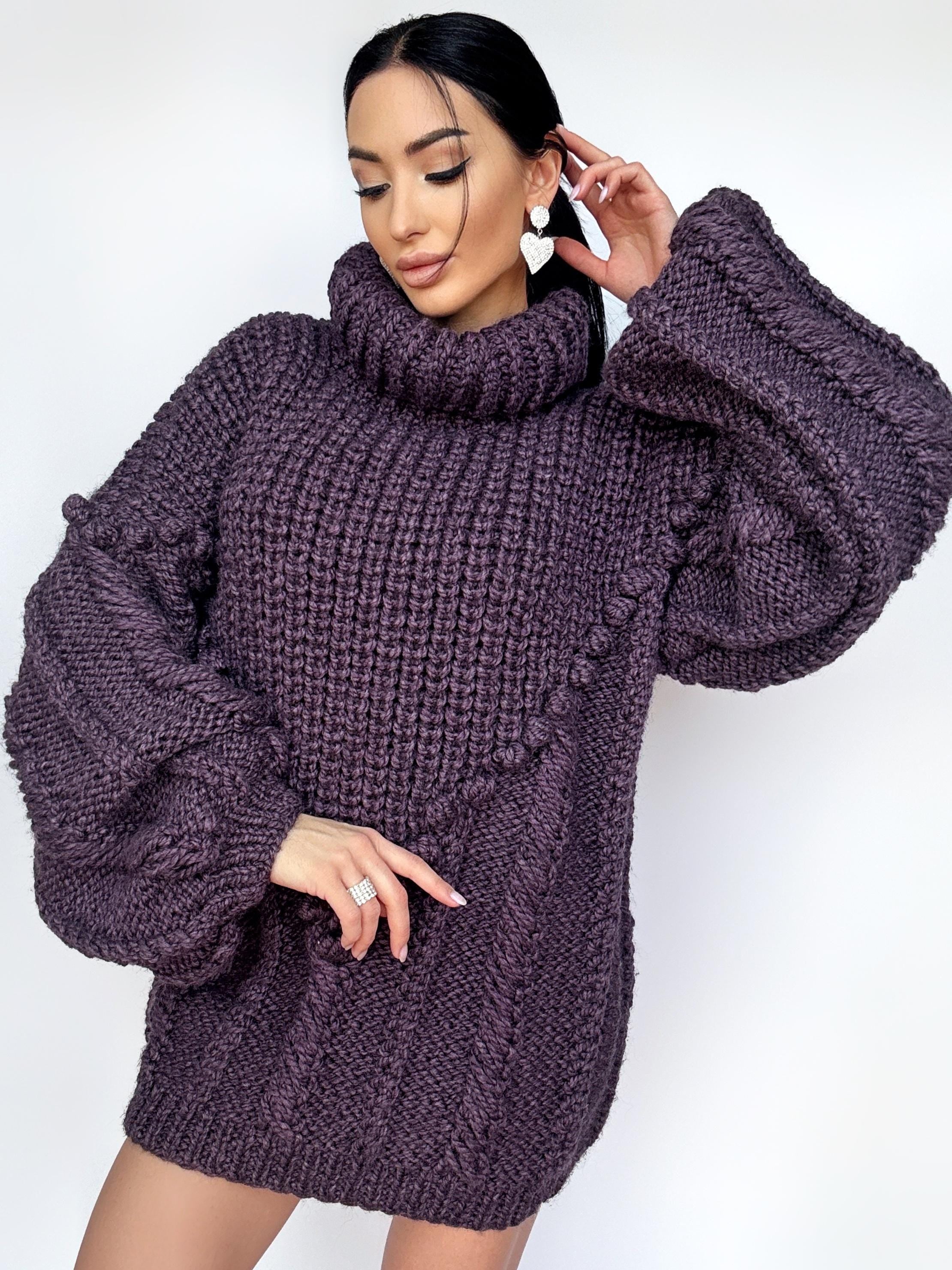 Chunky hand knit Big Plum Brown Purple alpaca wool sweater Cable knit pullover high collar Knitted turtleneck Super Bulky Sweater dress