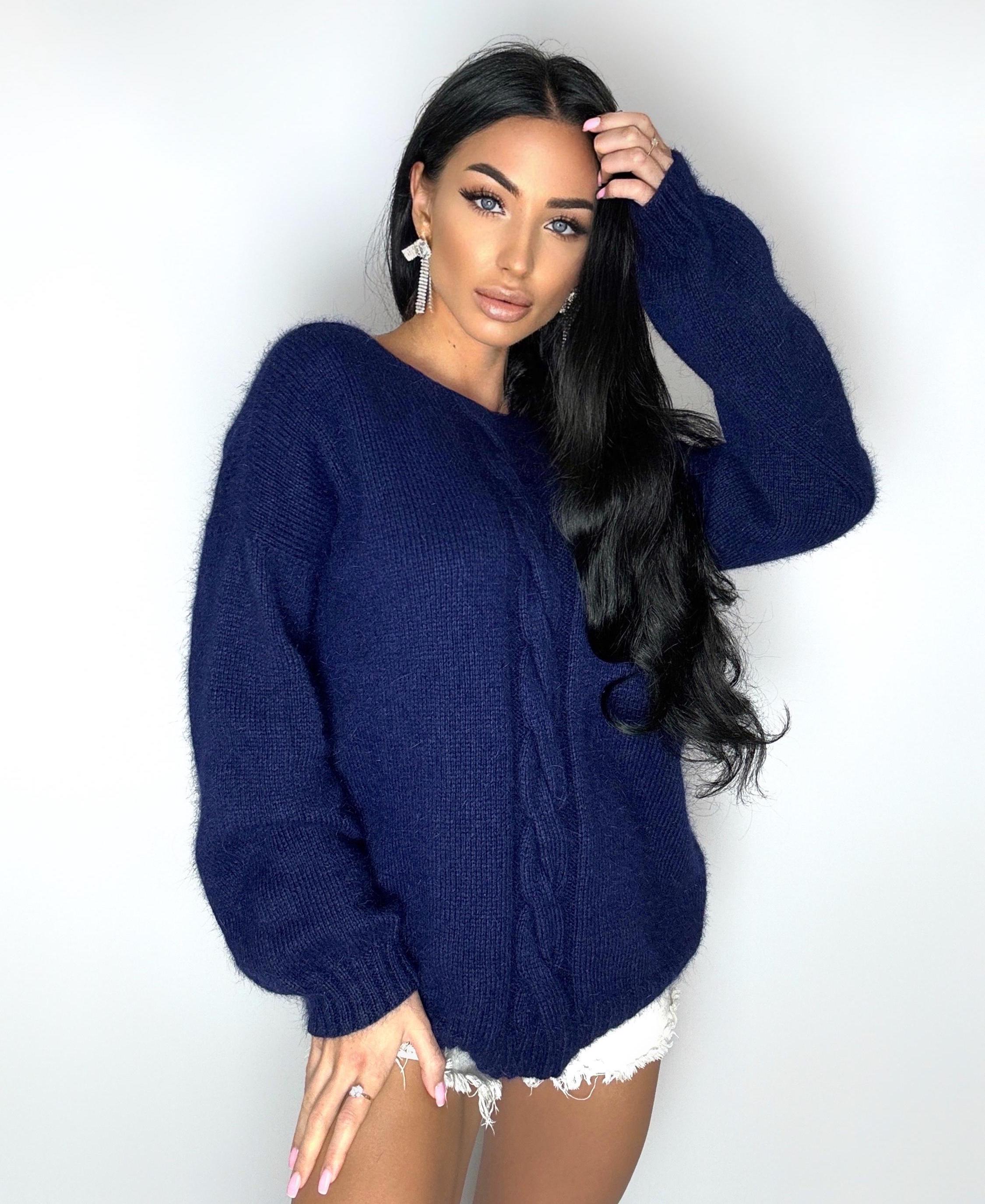 Dark blue angora sweater Open back Deep neckline Knit fluffy angora pullover Loose fit oversized V-neck Top long sleevs Cozy gift her