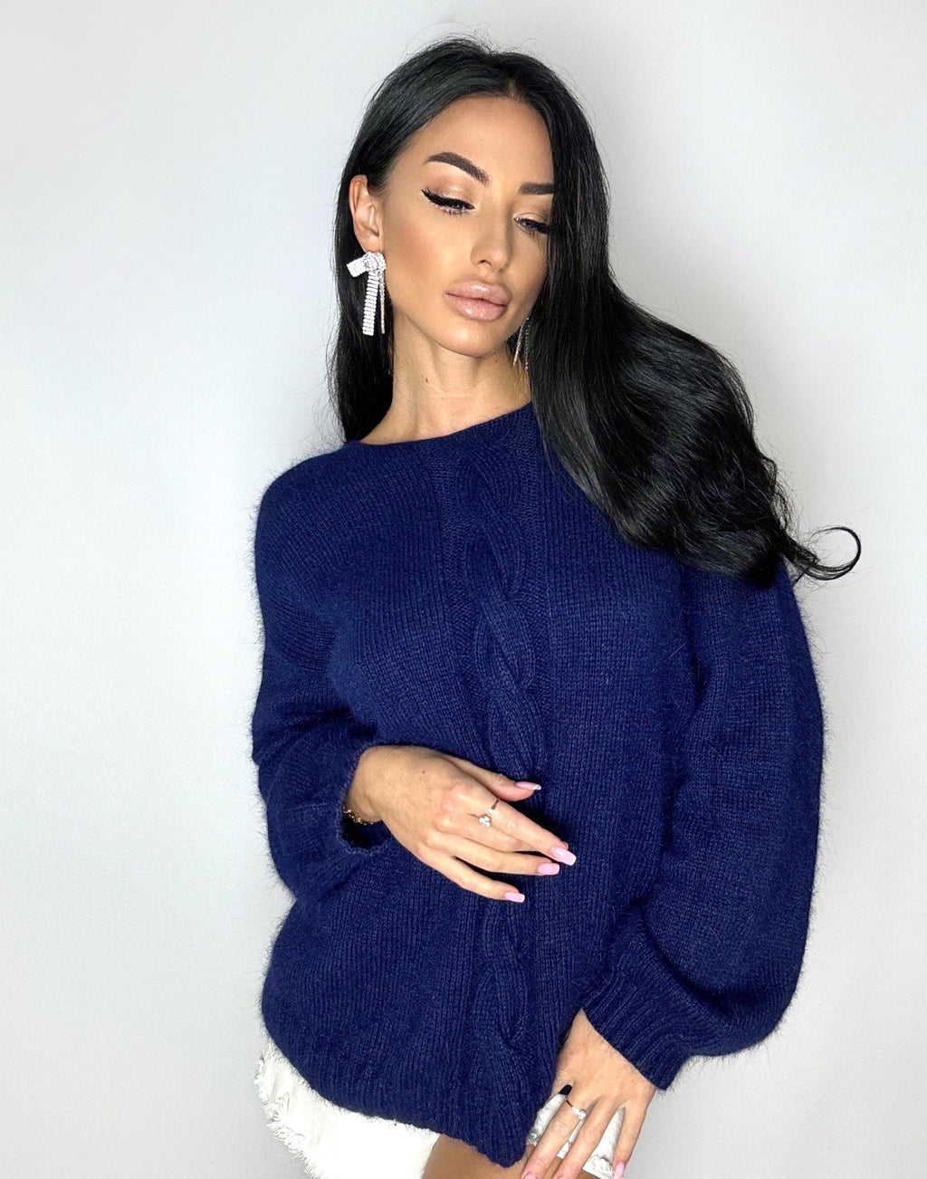 Dark blue angora sweater Open back Deep neckline Knit fluffy angora pullover Loose fit oversized V-neck Top long sleevs Cozy gift her