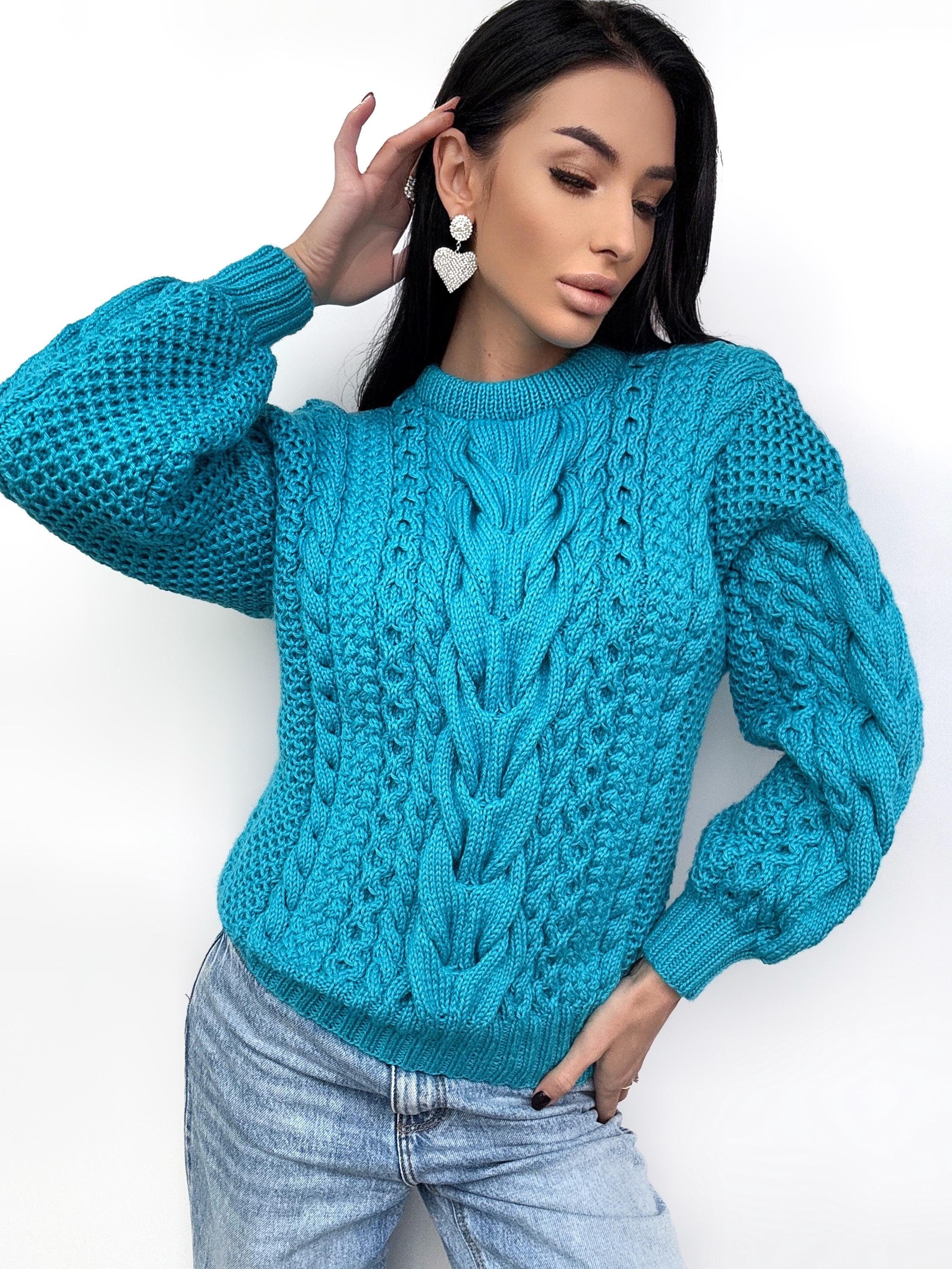 Merino wool hand knit blue turquoise merino sweater women/unisex Cable knit jumper Loose chunky knit Scandinavian cable knit pullover