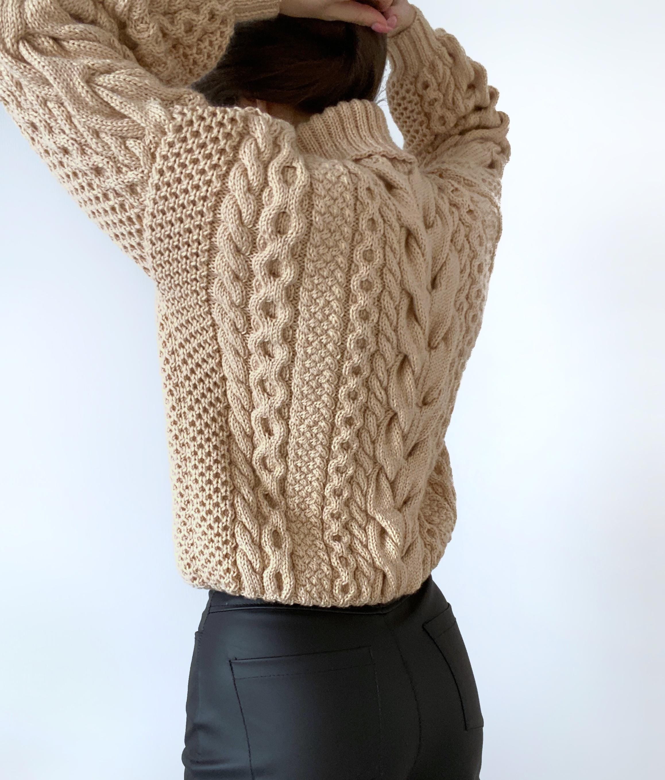 Hand knit Aran sweater Chunky knit merino wool turtleneck pullover Oversize cozy sweater Women cable knit sweater White Cream Beige