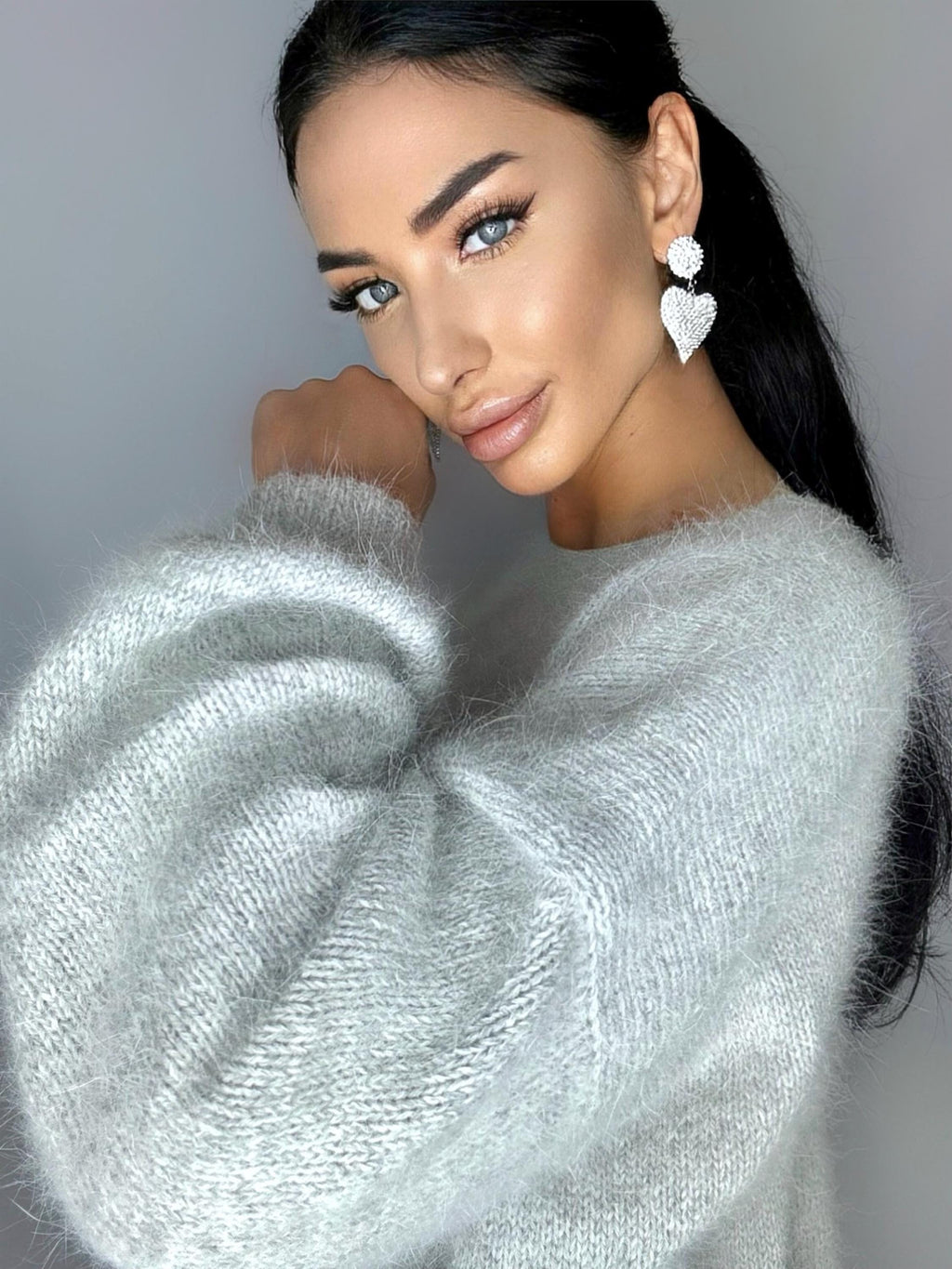 White Gray melange angora wool knit sweater dress Knit fluffy angora pullover Round collar Loose fit oversized Long sleeve Cozy sweater