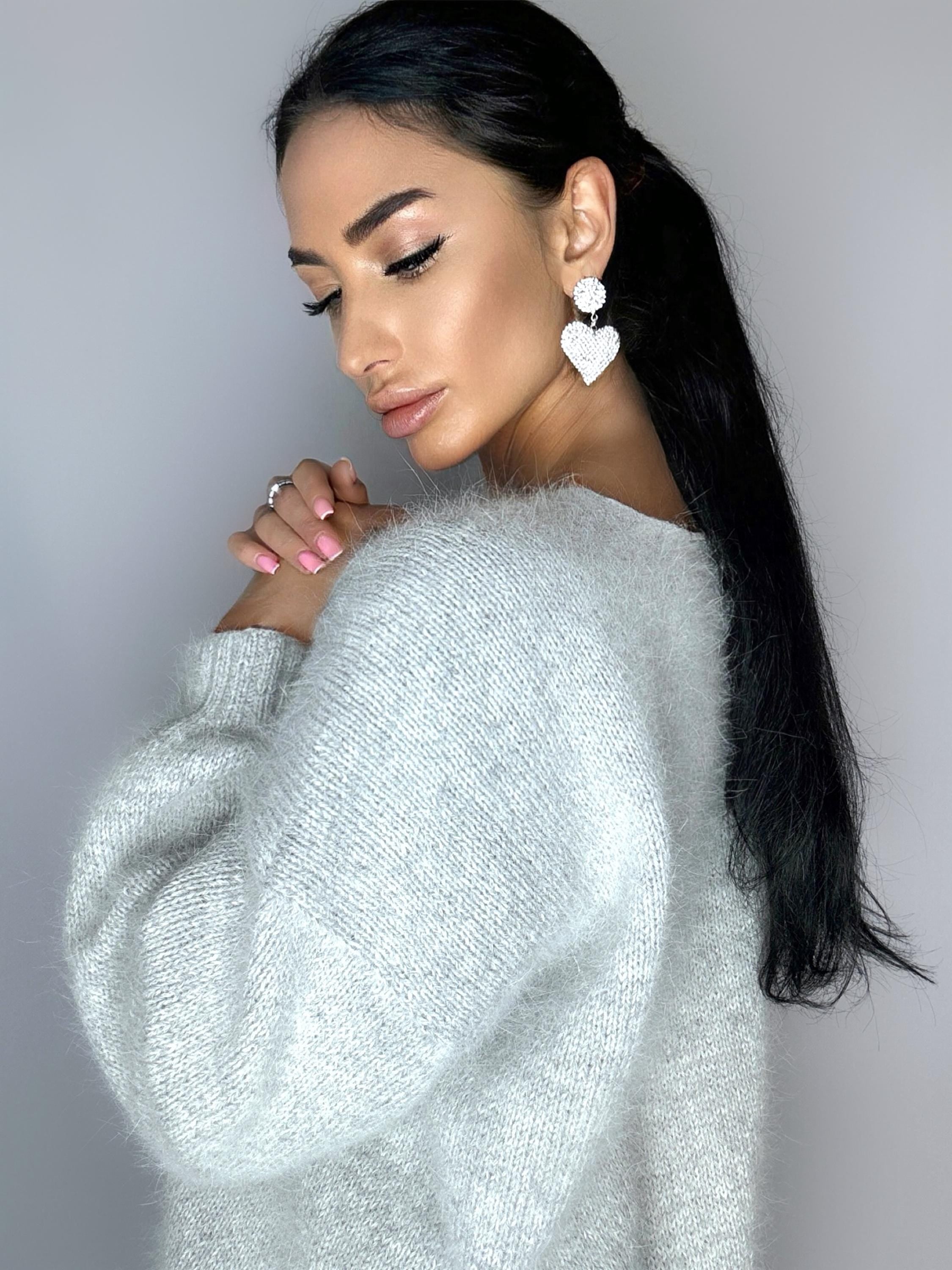 White Gray melange angora wool knit sweater dress Knit fluffy angora pullover Round collar Loose fit oversized Long sleeve Cozy sweater