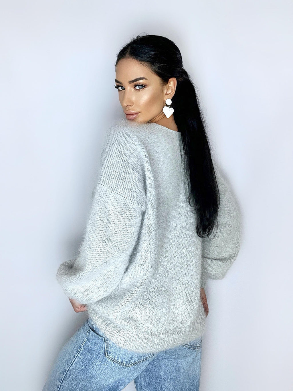 White Gray melange angora wool knit sweater dress Knit fluffy angora pullover Round collar Loose fit oversized Long sleeve Cozy sweater