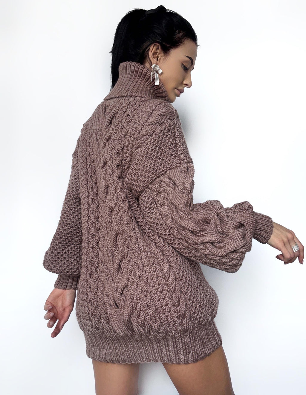 Aran long oversize beige brown Chocolate big hand knit merino wool mixture sweater dresse Turtleneck cable knit pullover women Сhunky knit