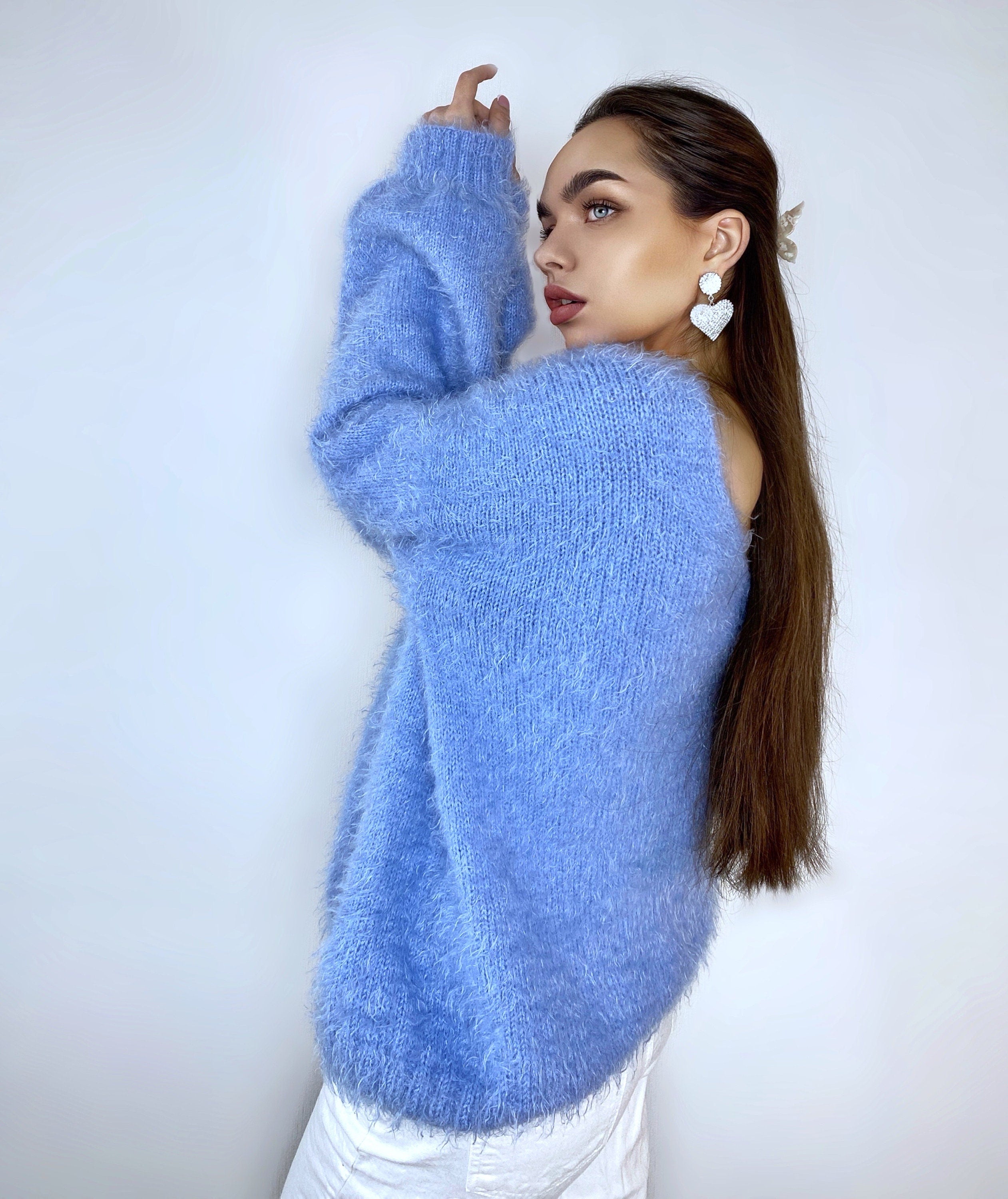 Wool free soft fluffy blue hand knit body friendly sweater Open back Deep V-neckline Analogue of angora yarn pullover Loose fit oversized