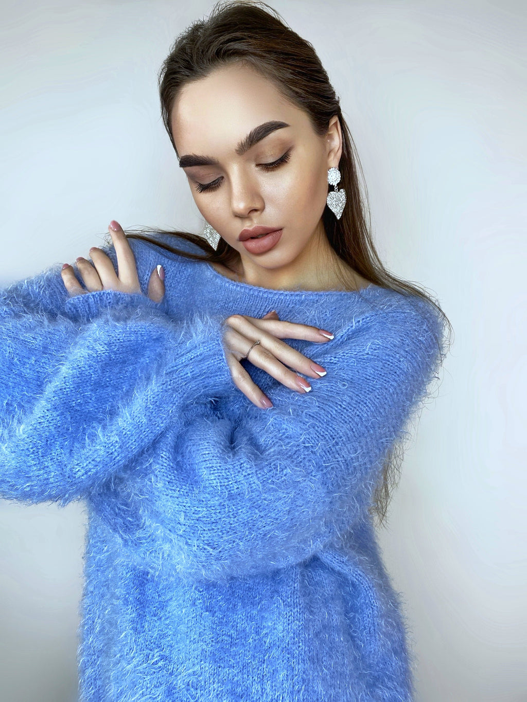 Wool free soft fluffy blue hand knit body friendly sweater Open back Deep V-neckline Analogue of angora yarn pullover Loose fit oversized