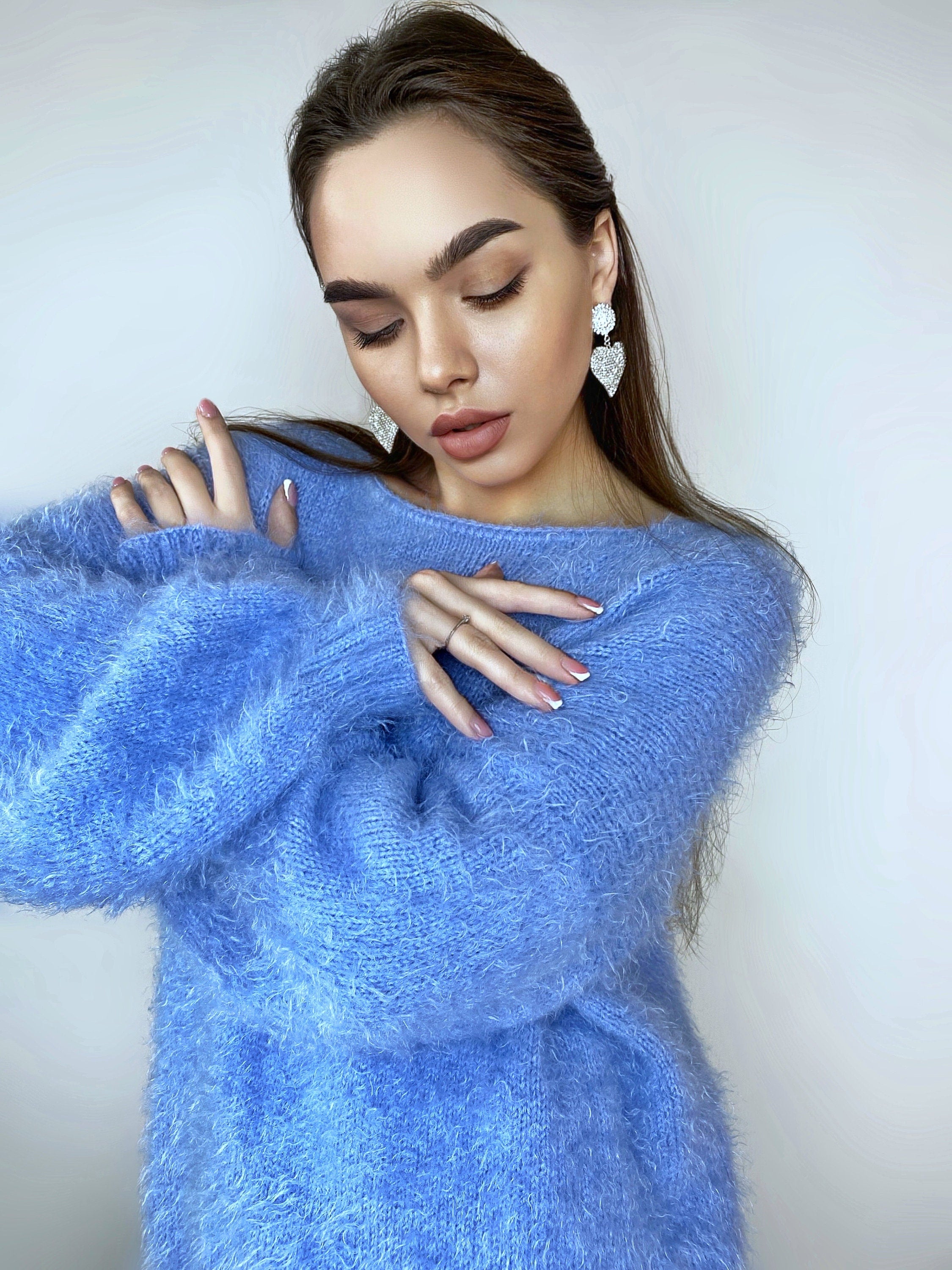 Wool free soft fluffy blue hand knit body friendly sweater Open back Deep V-neckline Analogue of angora yarn pullover Loose fit oversized
