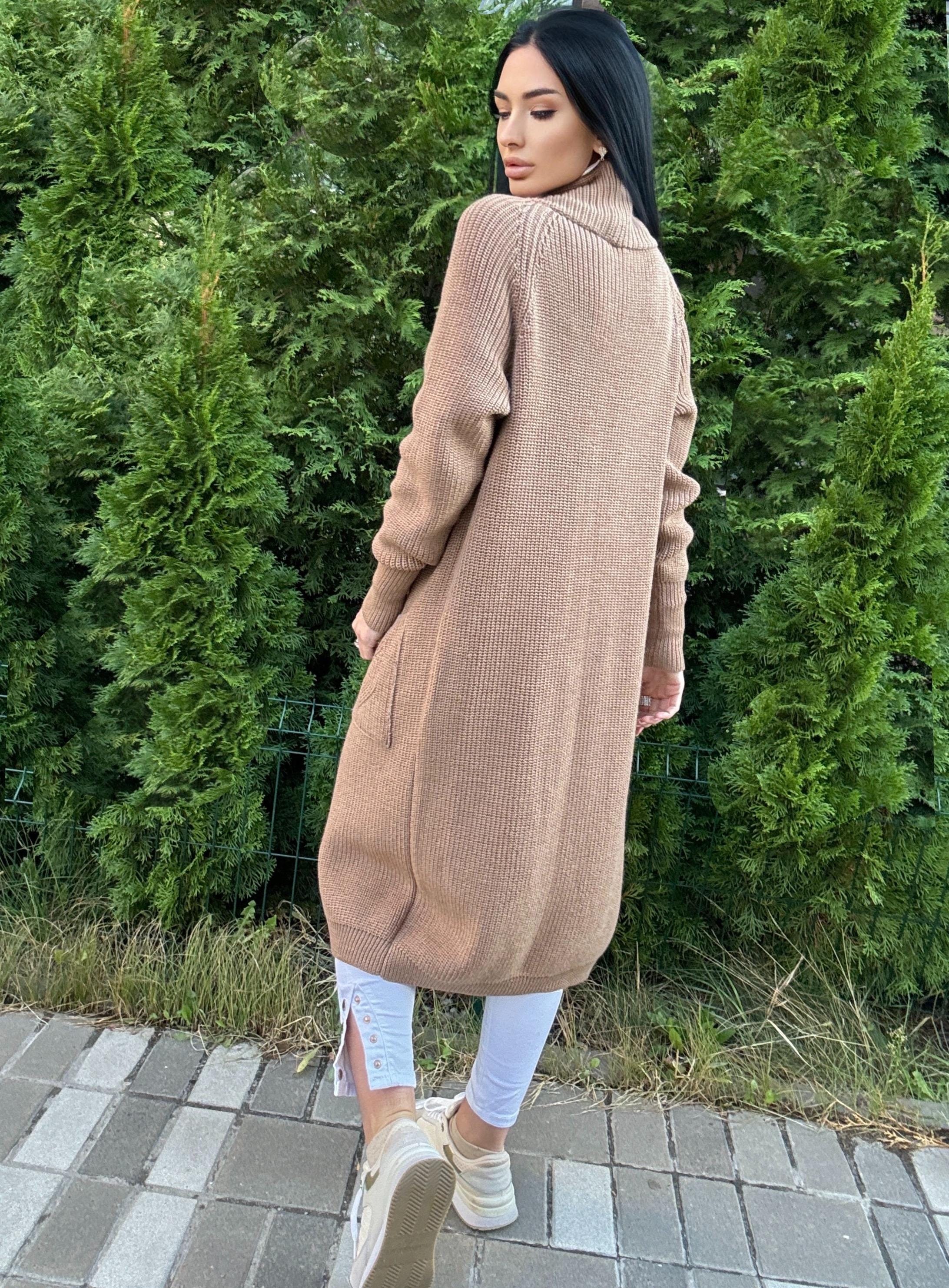 Chunky knit merino wool beige Midi knitted cardigan Long Brown Pastel oversized coat Cardigan sweater cable knit coat Cocoon knit coat