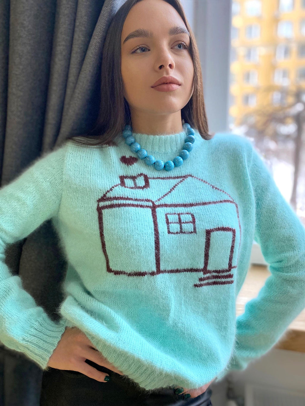 Premium angora soft wool hand knit brown blue green sweater Gender neutral pullover Fluffy sweater knitted house Unisex Sweater