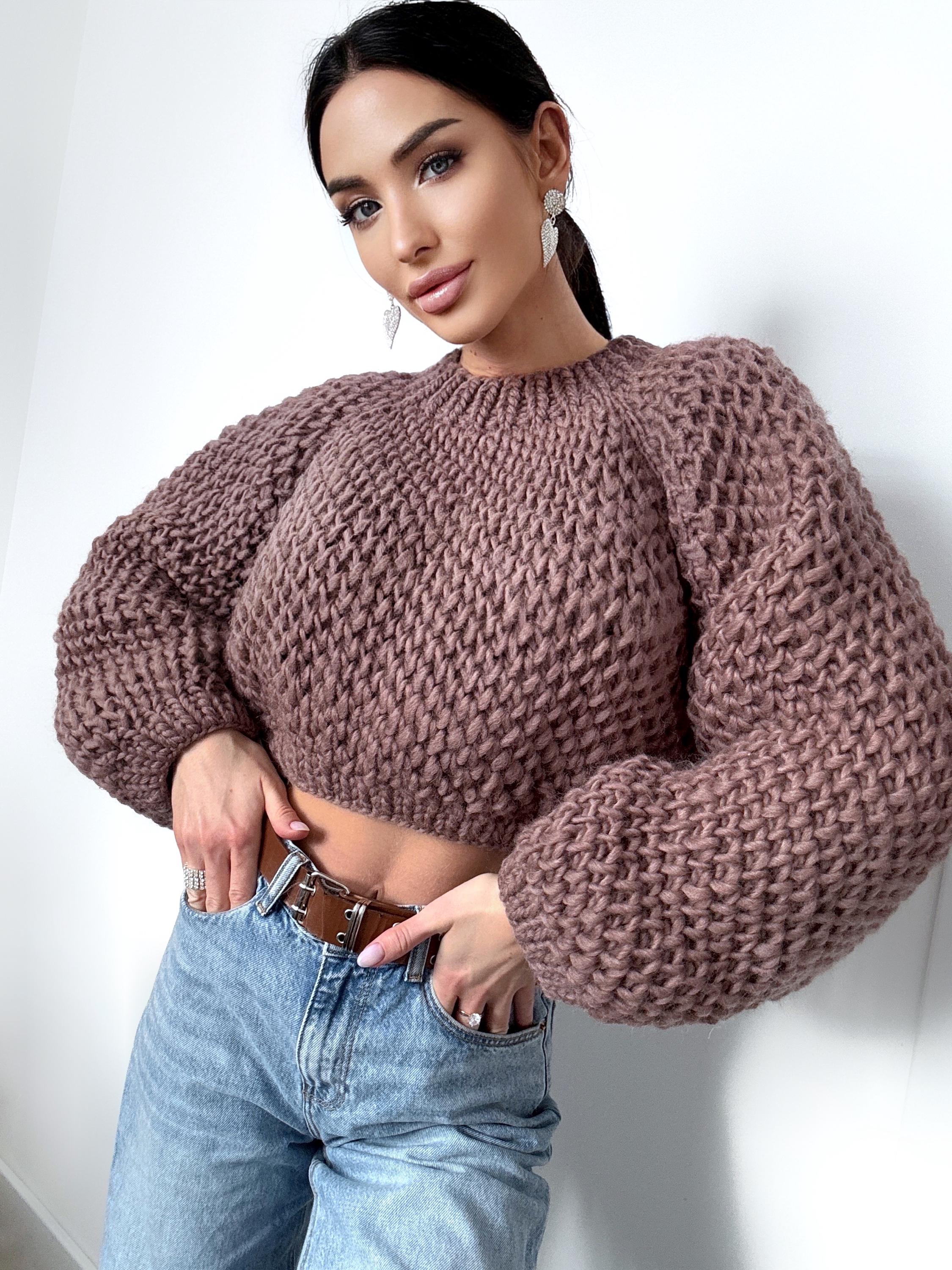 Crop chunky hand knit alpaca wool Brown Terracotta soft sweater Hand knit oversize Pastel pullover Cable knit cropped sweater top jumper