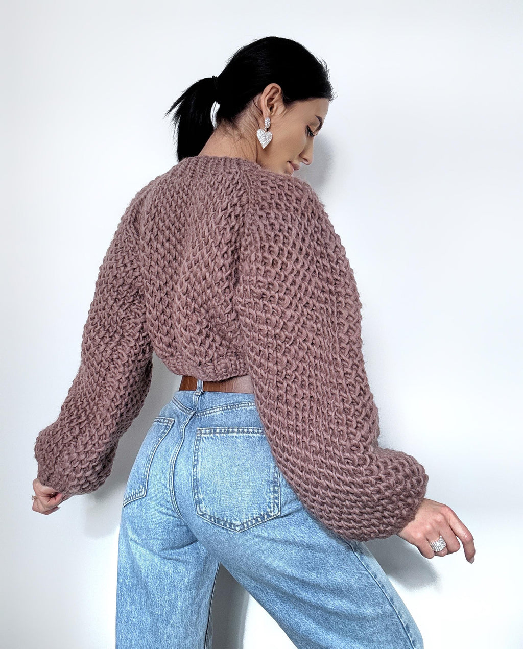 Crop chunky hand knit alpaca wool Brown Terracotta soft sweater Hand knit oversize Pastel pullover Cable knit cropped sweater top jumper