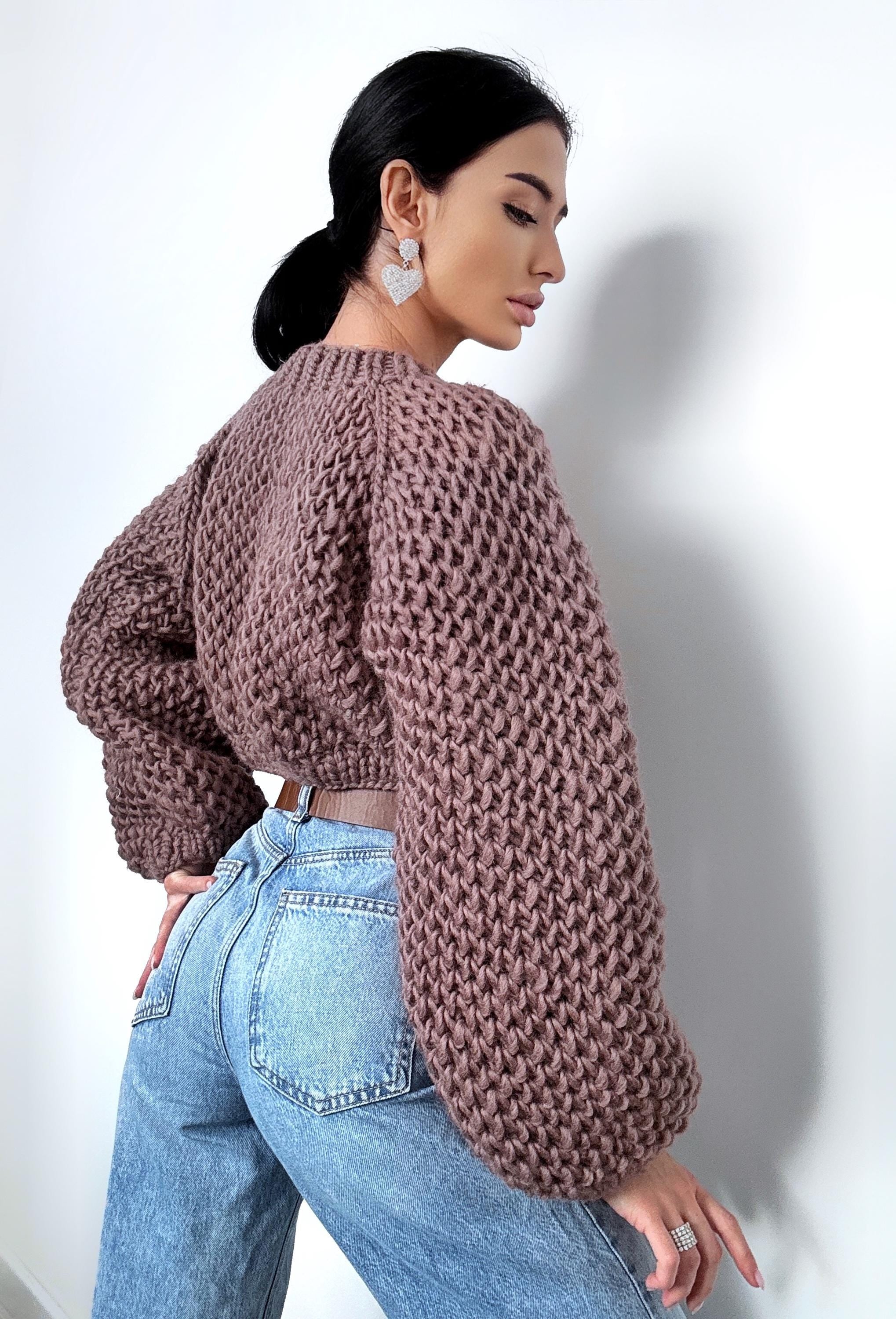 Crop chunky hand knit alpaca wool Brown Terracotta soft sweater Hand knit oversize Pastel pullover Cable knit cropped sweater top jumper