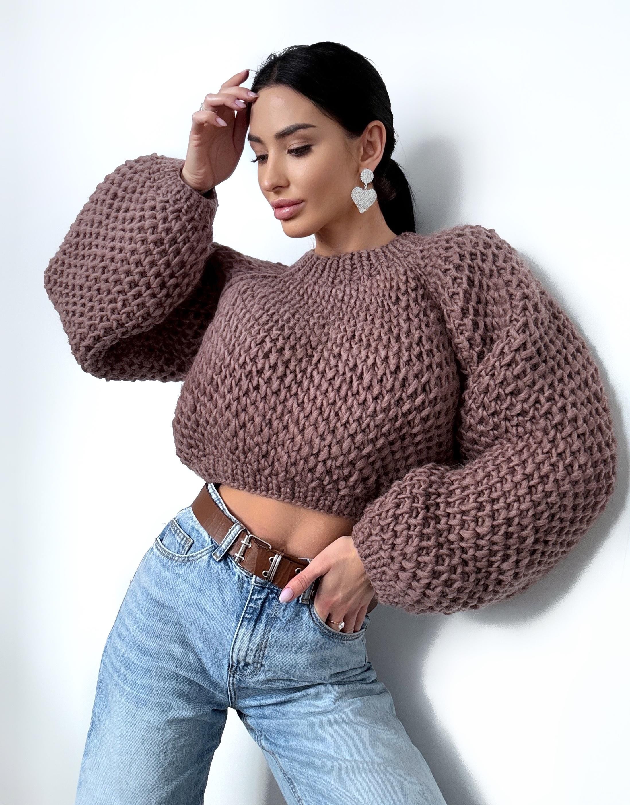 Crop chunky hand knit alpaca wool Brown Terracotta soft sweater Hand knit oversize Pastel pullover Cable knit cropped sweater top jumper
