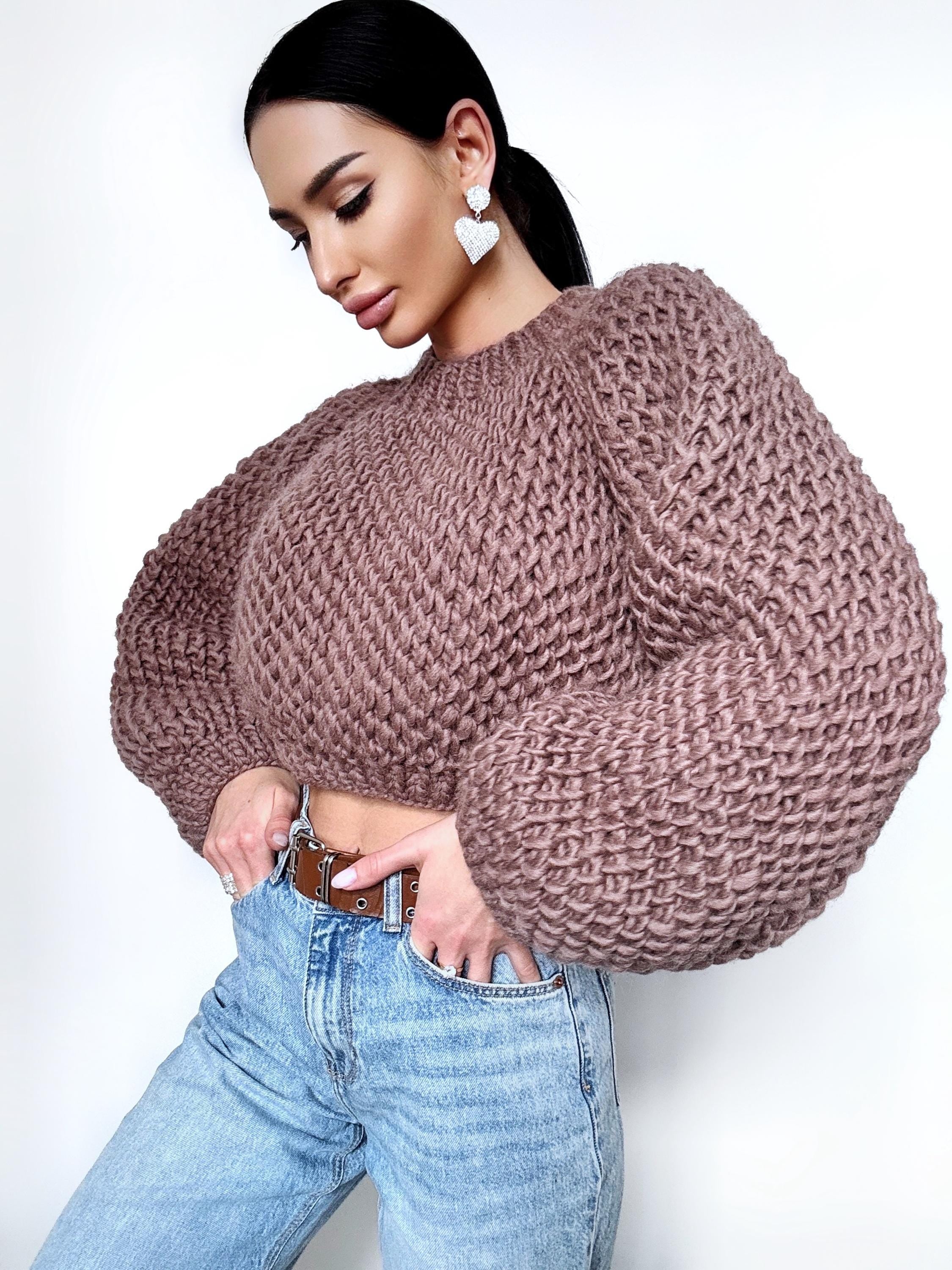 Crop chunky hand knit alpaca wool Brown Terracotta soft sweater Hand knit oversize Pastel pullover Cable knit cropped sweater top jumper