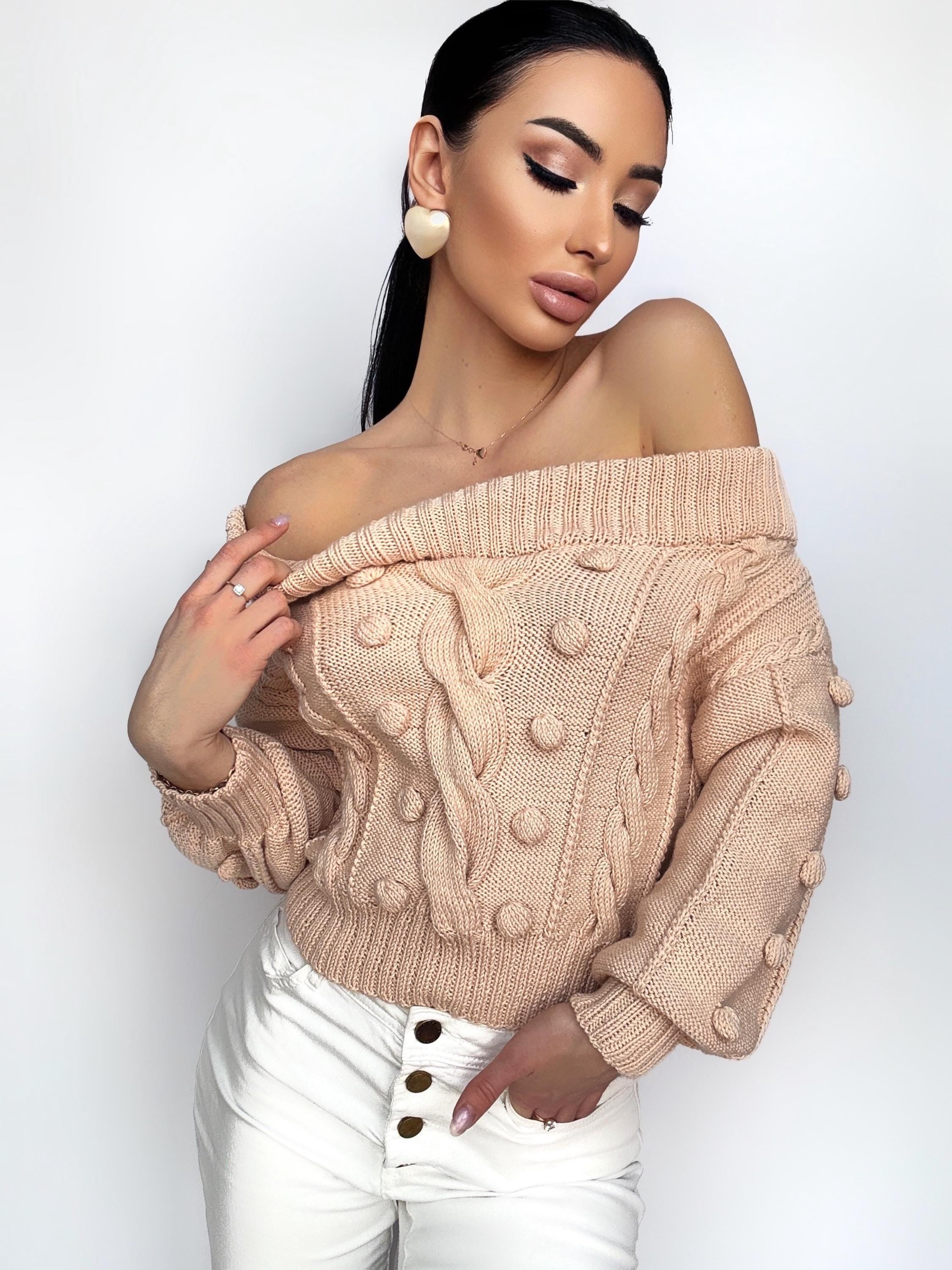 Cropped knit cotton sweater Loose knit Oversized sweater Open shoulder Light beige Peach sweater Pom pom Eco hypoallergenic pullover