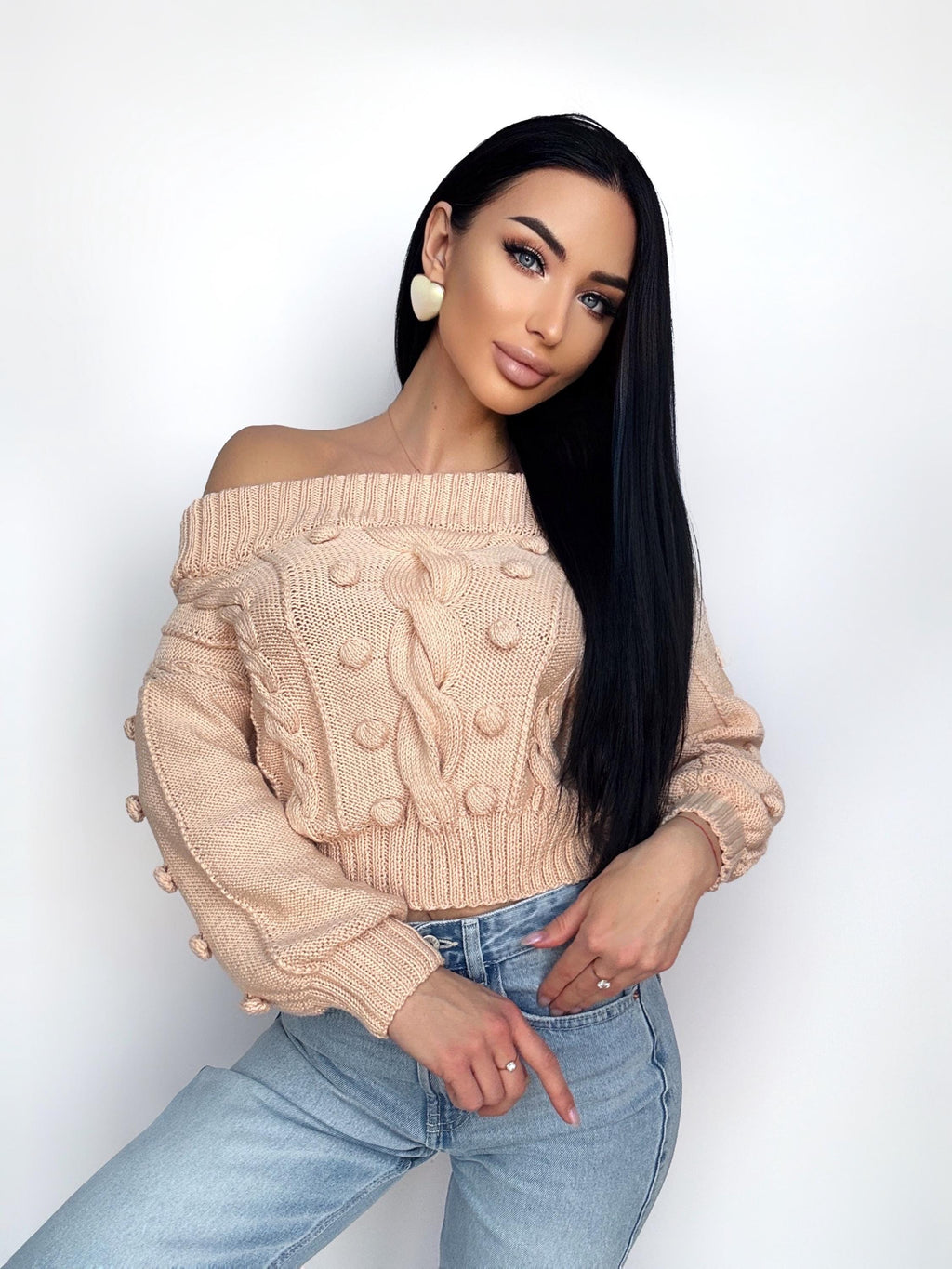 Cropped knit cotton sweater Loose knit Oversized sweater Open shoulder Light beige Peach sweater Pom pom Eco hypoallergenic pullover