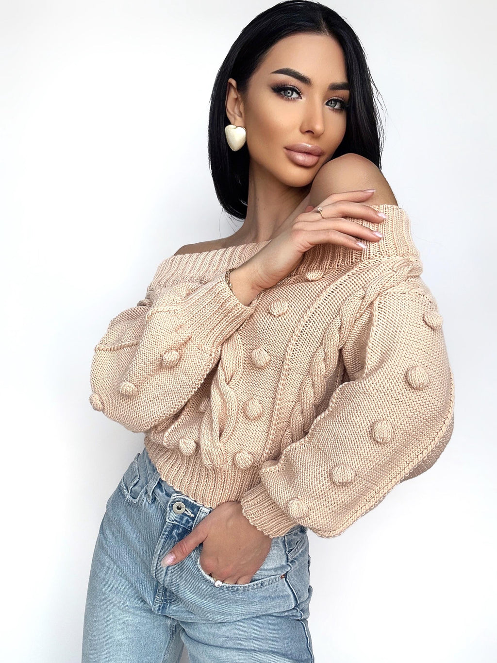 Cropped knit cotton sweater Loose knit Oversized sweater Open shoulder Light beige Peach sweater Pom pom Eco hypoallergenic pullover