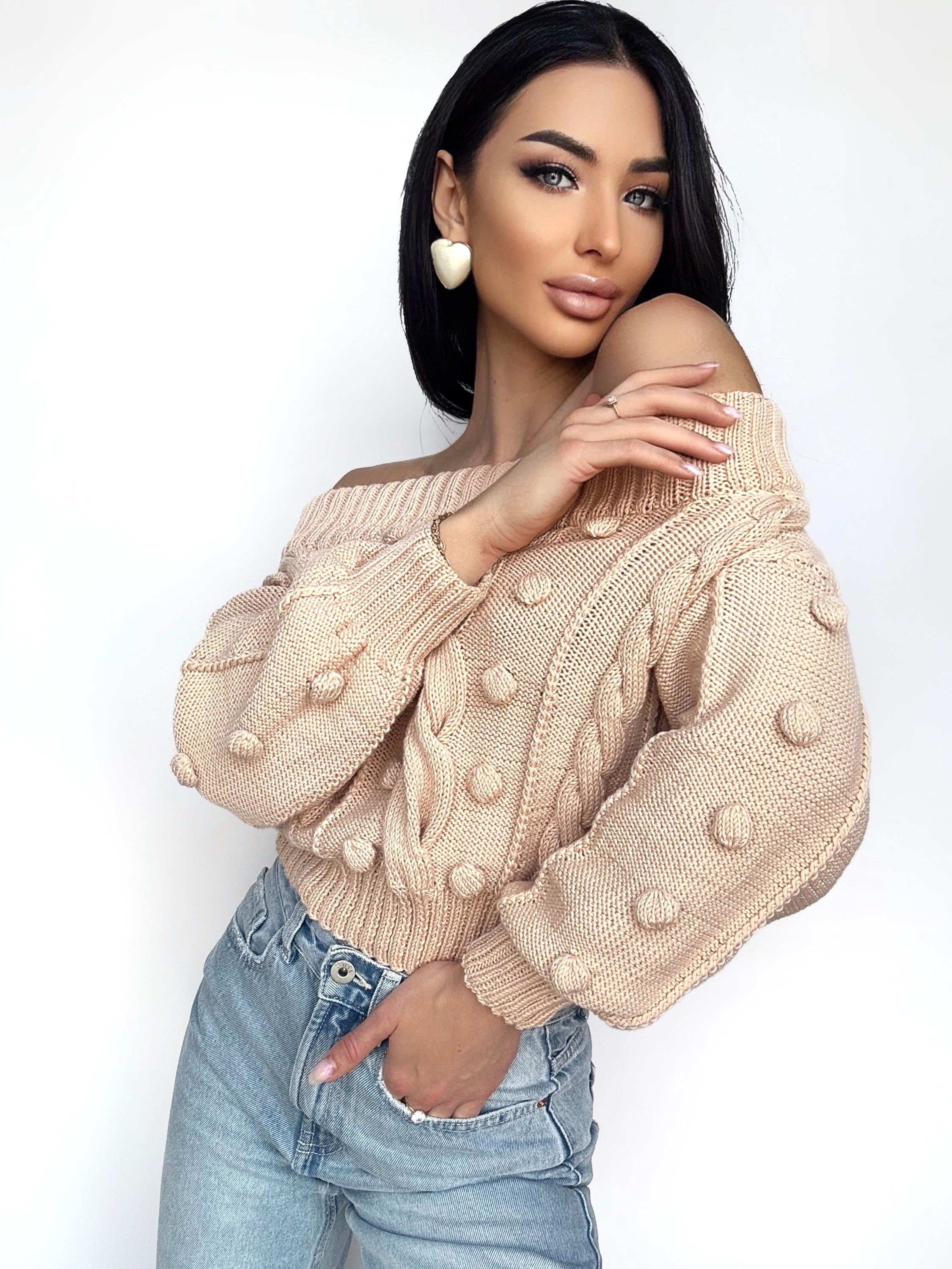 Cropped knit cotton sweater Loose knit Oversized sweater Open shoulder Light beige Peach sweater Pom pom Eco hypoallergenic pullover