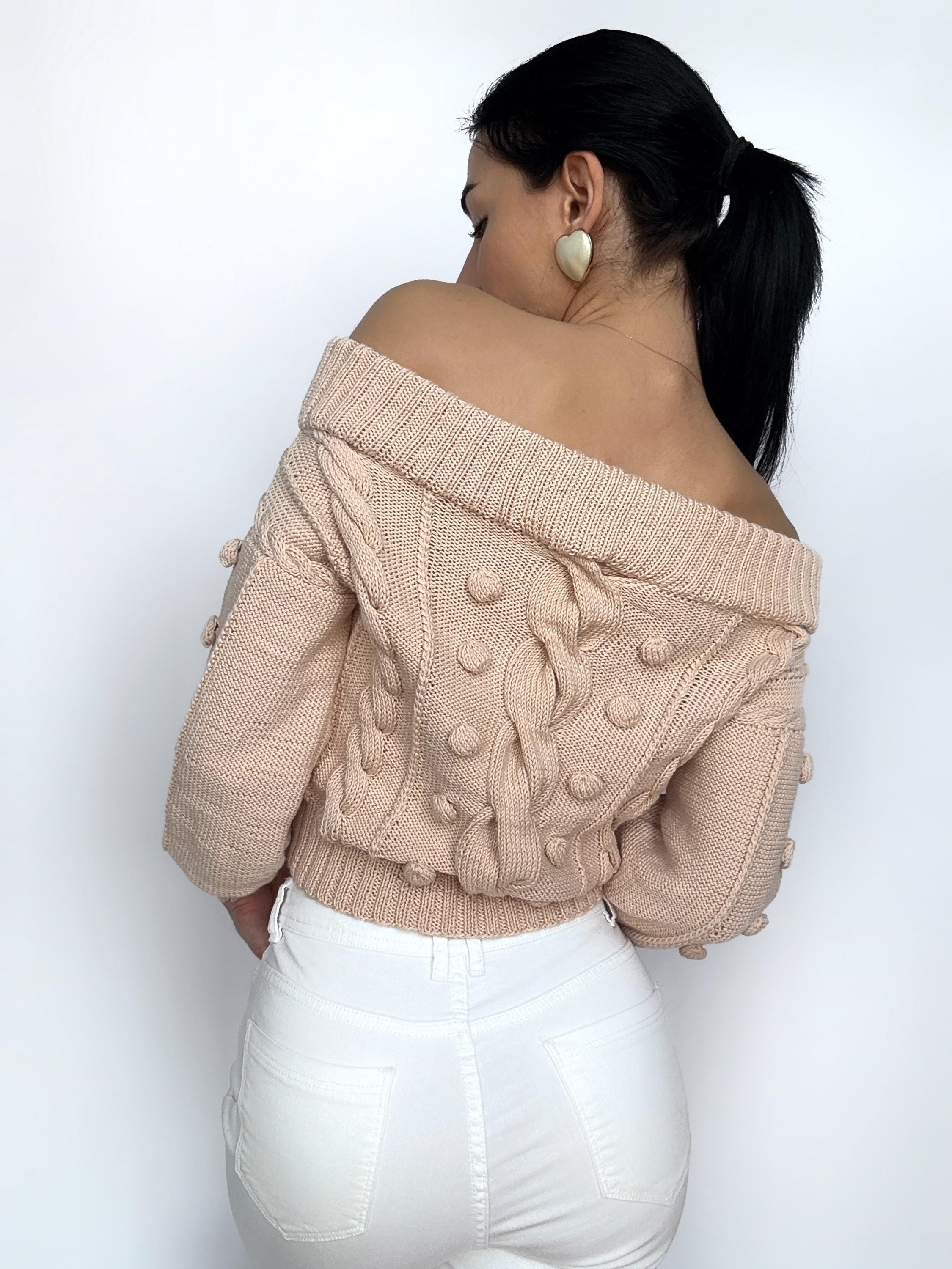 Cropped knit cotton sweater Loose knit Oversized sweater Open shoulder Light beige Peach sweater Pom pom Eco hypoallergenic pullover
