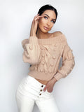 Cropped knit cotton sweater Loose knit Oversized sweater Open shoulder Light beige Peach sweater Pom pom Eco hypoallergenic pullover