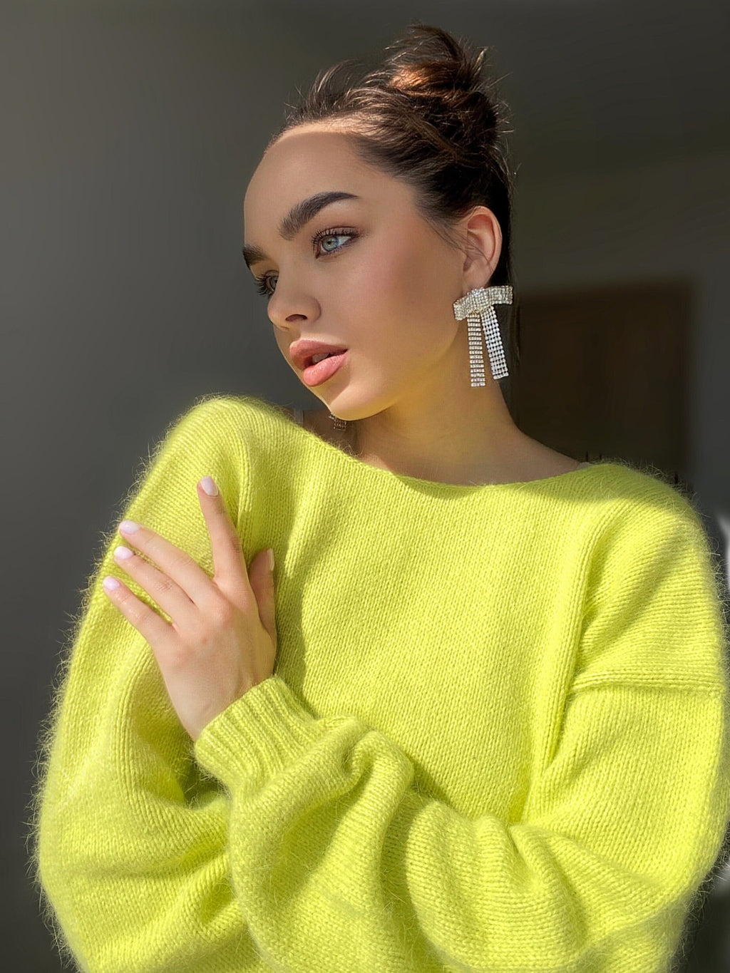 Lemon yellow angora sweater Open back Deep neckline Knit fluffy angora pullover Loose fit oversized V-neck Fluffy Top long sleevs Cozy gift