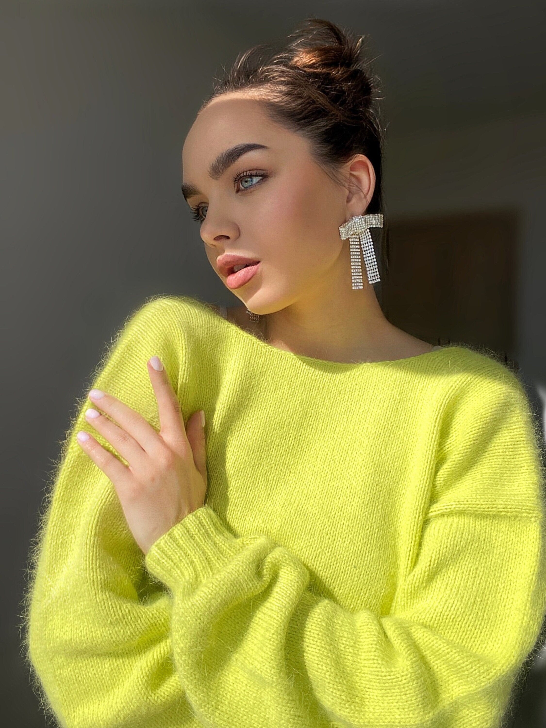 Lemon yellow angora sweater Open back Deep neckline Knit fluffy angora pullover Loose fit oversized V-neck Fluffy Top long sleevs Cozy gift