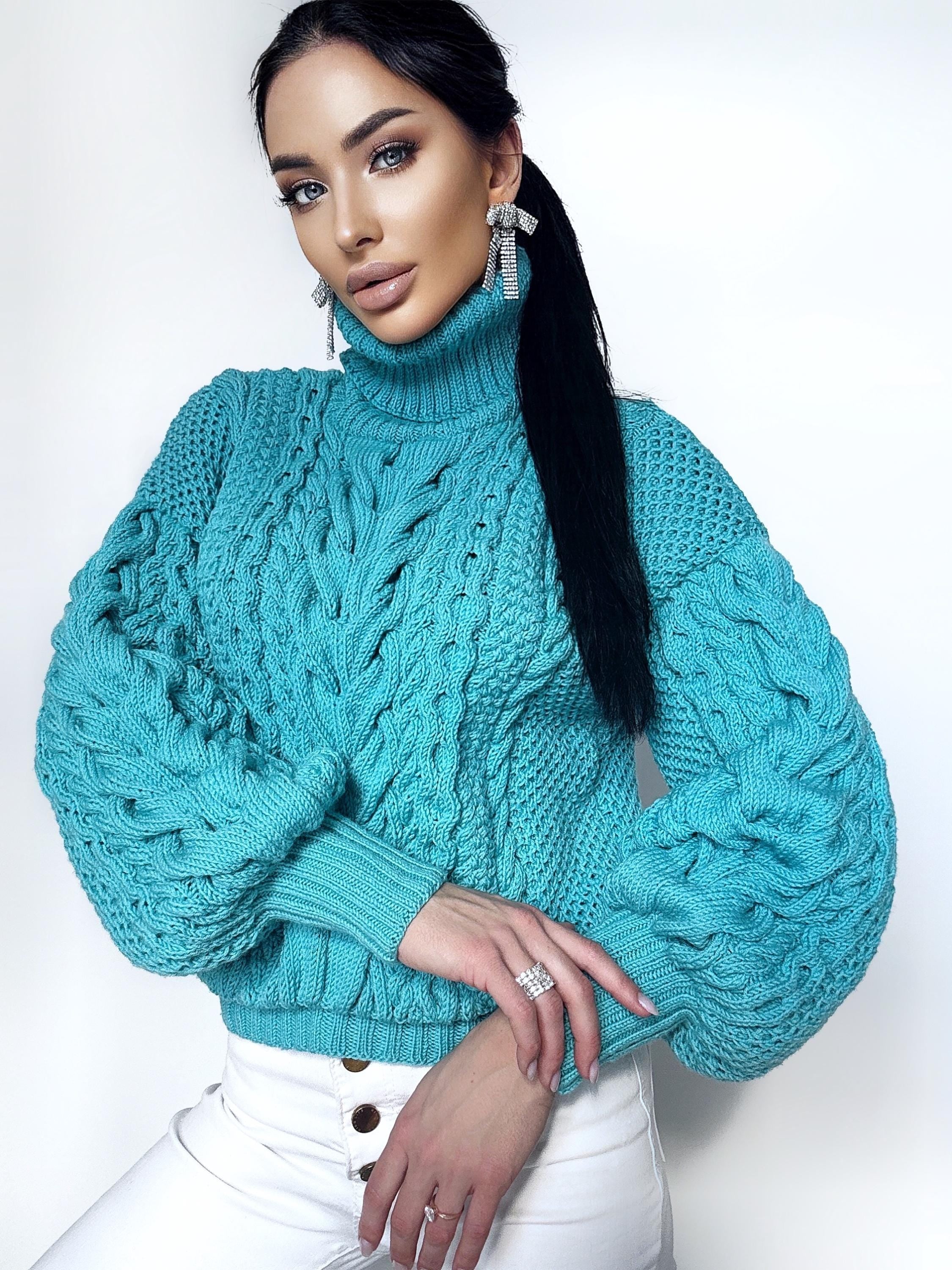 Hand knitted soft merino wool light blue high collar sweater Chunky Knit Turtleneck Oversized Pullover Womens Cable knit Jumper