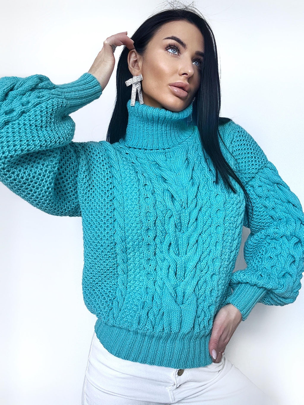 Hand knitted soft merino wool light blue high collar sweater Chunky Knit Turtleneck Oversized Pullover Womens Cable knit Jumper
