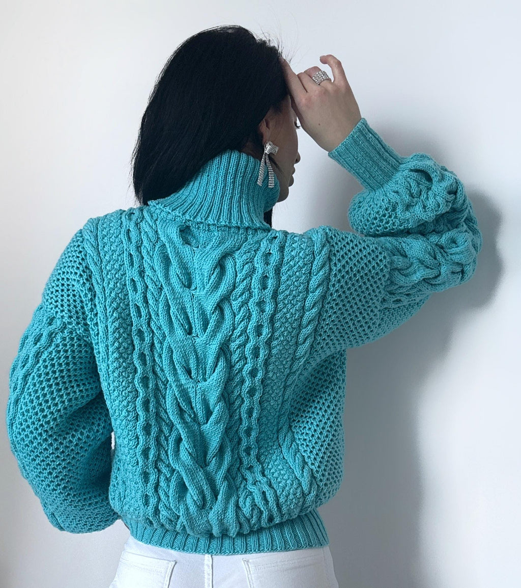 Hand knitted soft merino wool light blue high collar sweater Chunky Knit Turtleneck Oversized Pullover Womens Cable knit Jumper