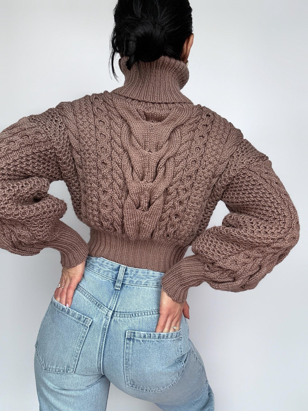Crop merino wool cable knit Chocolate light brown puff sleeves sweater high collar Chunky knit soft oversize turtleneck Pullover Womens