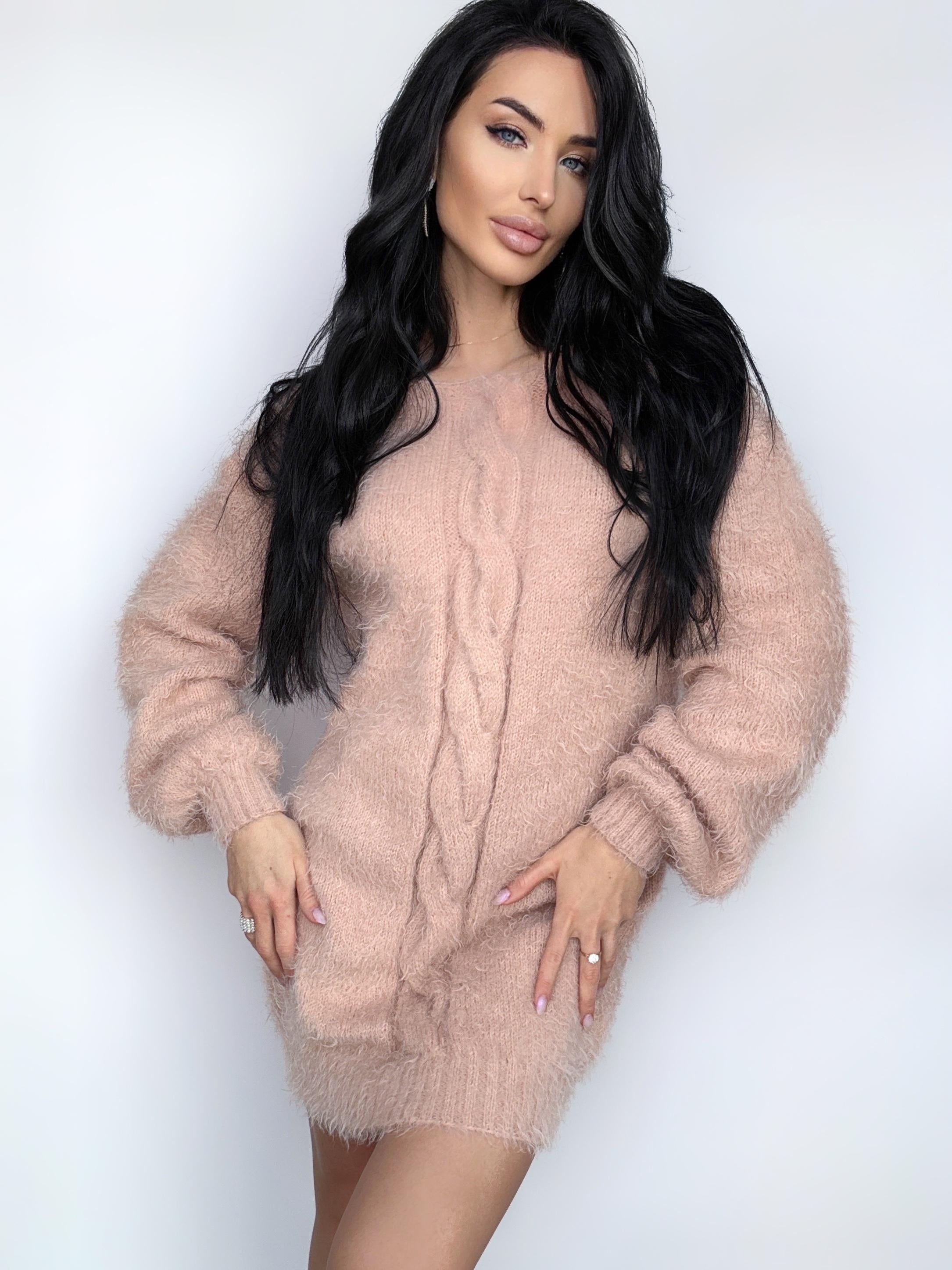 Hand knit Beige Peach wool FREE soft fluffy body friendly sweater dress Open back Deep V-neckline Analogue of angora dress Loose fit oversiz