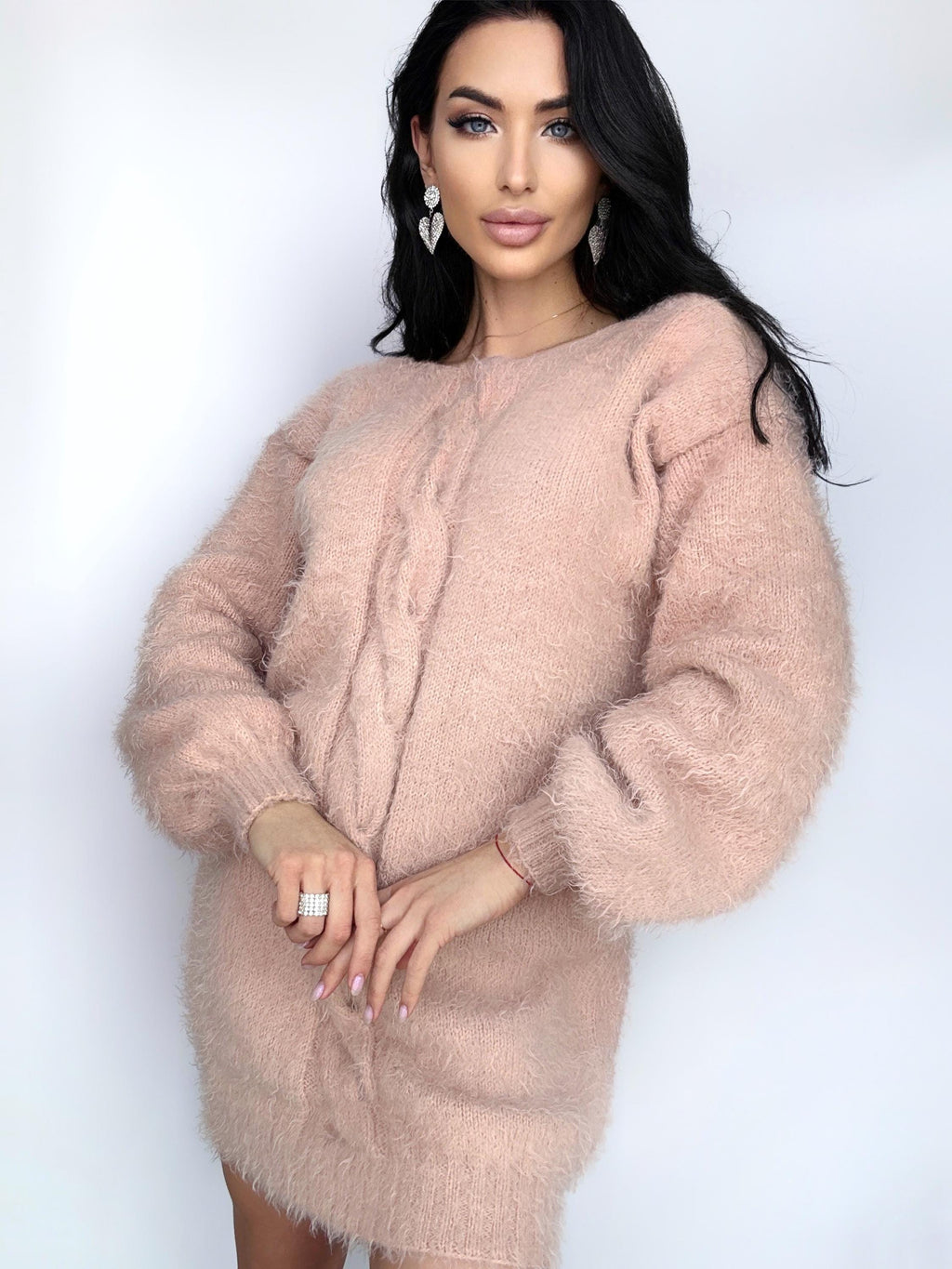 Hand knit Beige Peach wool FREE soft fluffy body friendly sweater dress Open back Deep V-neckline Analogue of angora dress Loose fit oversiz