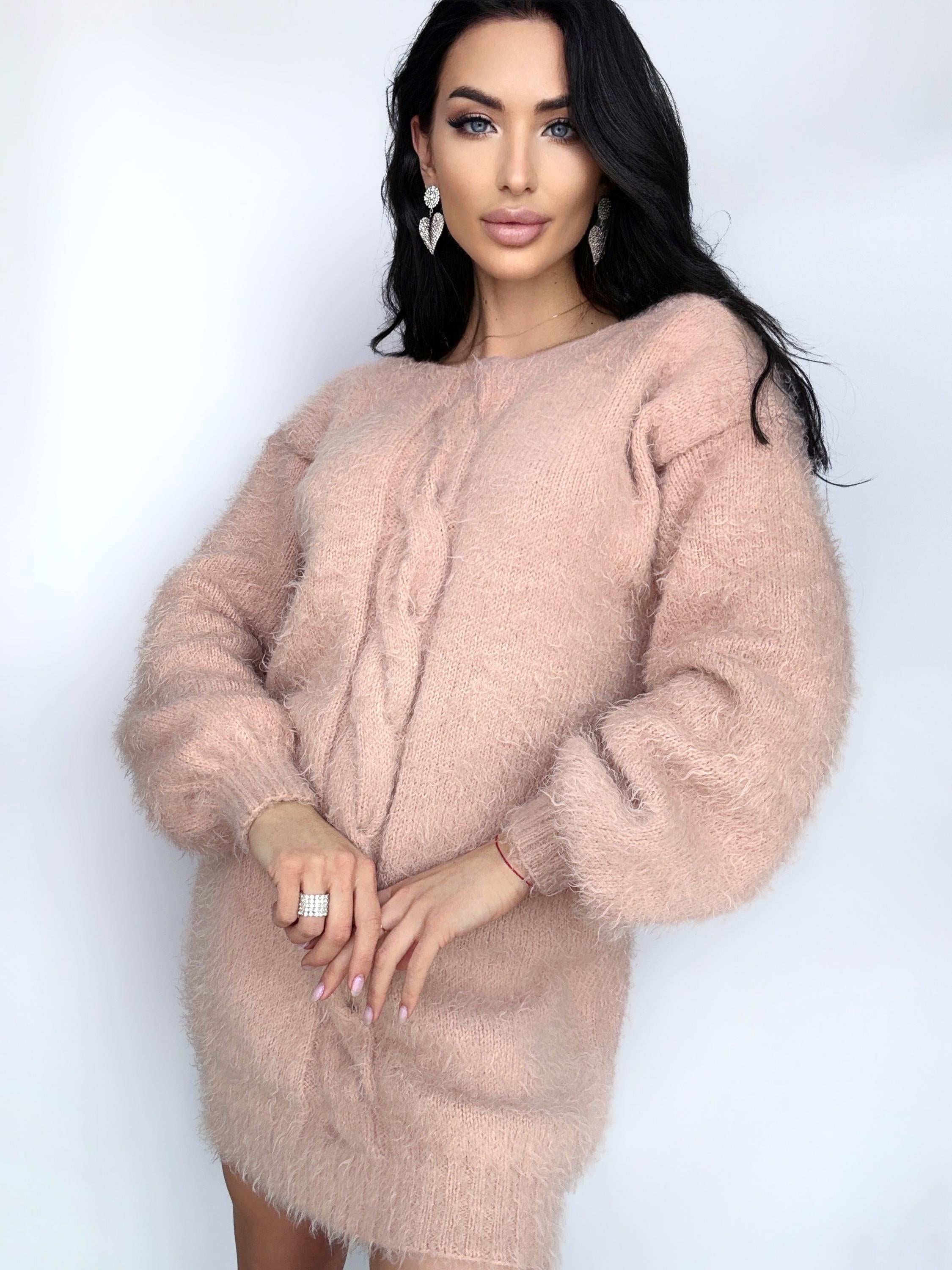 Hand knit Beige Peach wool FREE soft fluffy body friendly sweater dress Open back Deep V-neckline Analogue of angora dress Loose fit oversiz