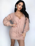 Hand knit Beige Peach wool FREE soft fluffy body friendly sweater dress Open back Deep V-neckline Analogue of angora dress Loose fit oversiz