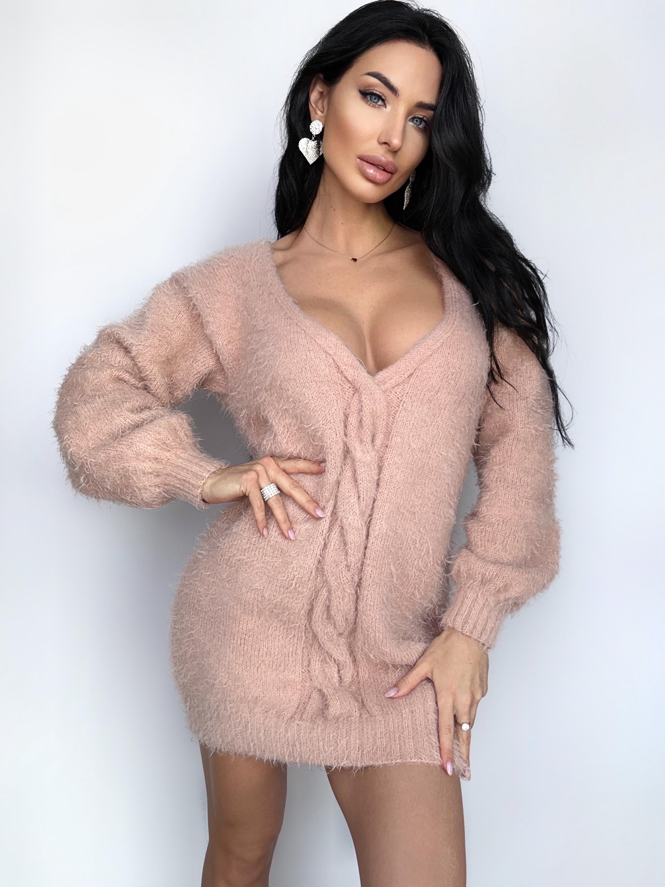 Hand knit Beige Peach wool FREE soft fluffy body friendly sweater dress Open back Deep V-neckline Analogue of angora dress Loose fit oversiz