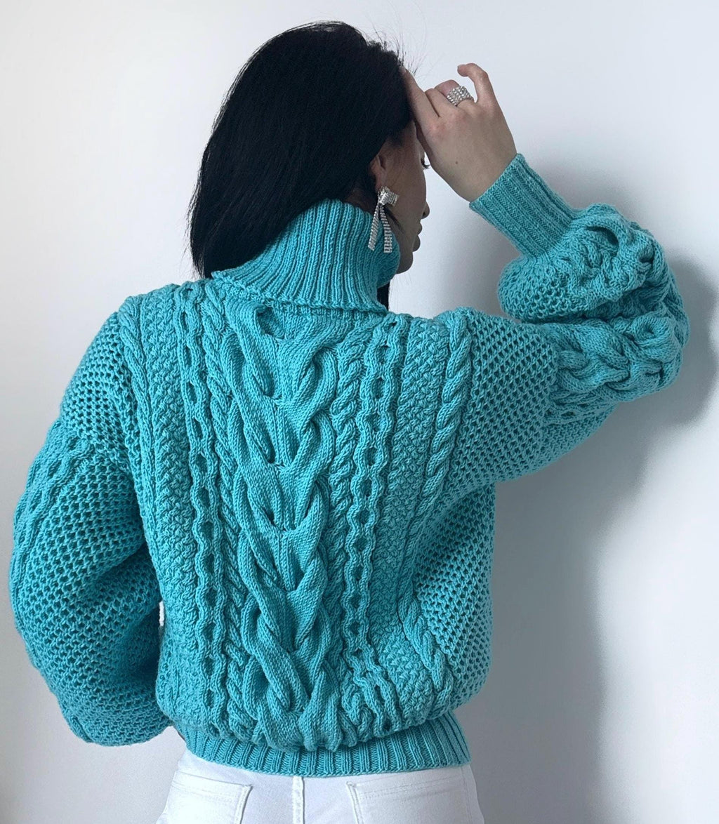 Hand knitted soft merino wool light blue high collar sweater Chunky Knit Turtleneck Oversized Pullover Womens Cable knit Jumper