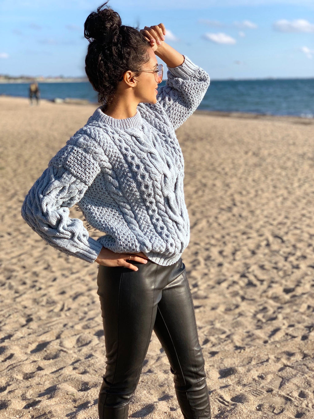 Blue knit merino wool sweater women Hand knit jumper Cable knitting Loose knit Oversized Chunky knit light blue pullover gift for her