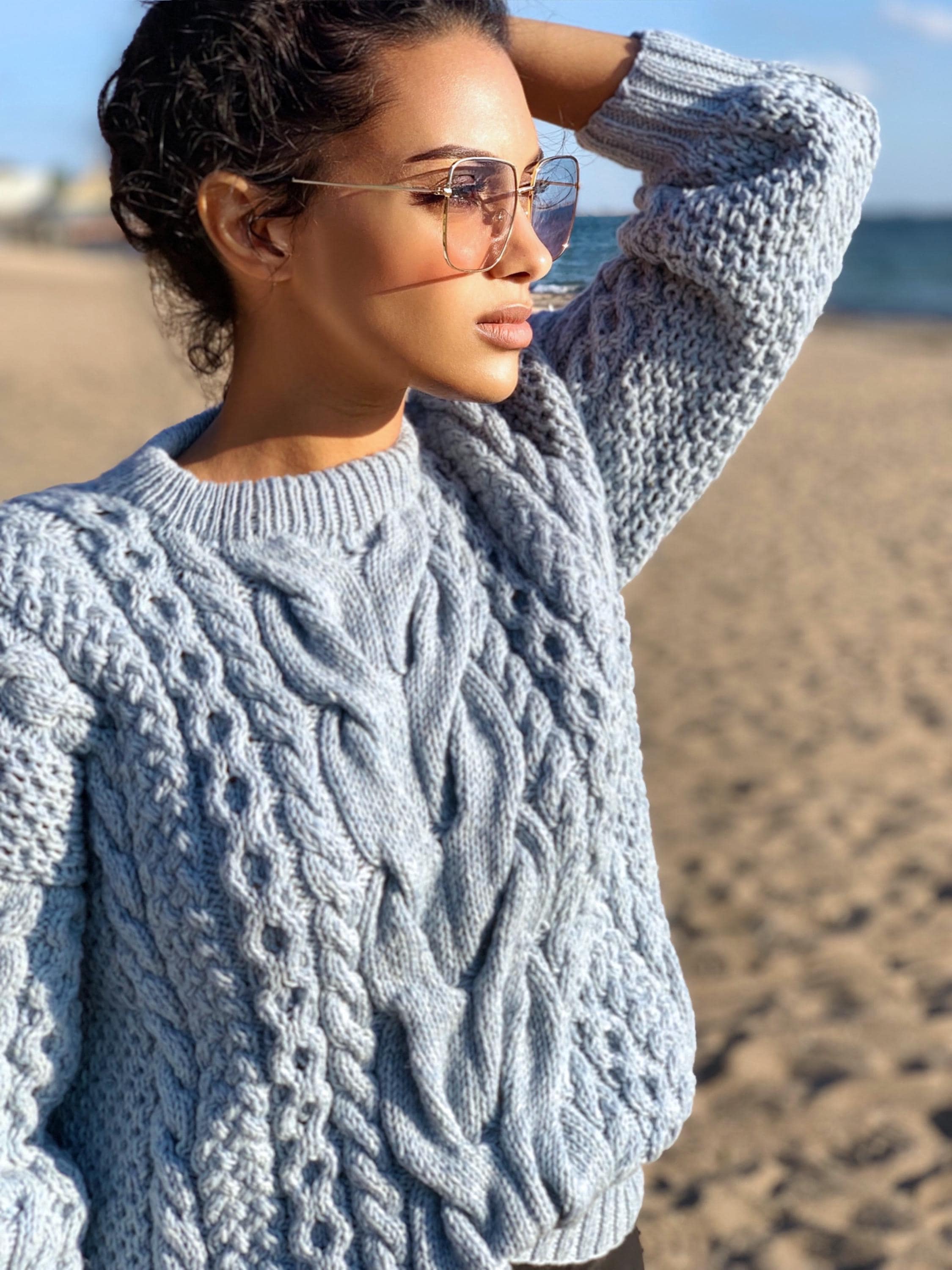 Blue knit merino wool sweater women Hand knit jumper Cable knitting Loose knit Oversized Chunky knit light blue pullover gift for her