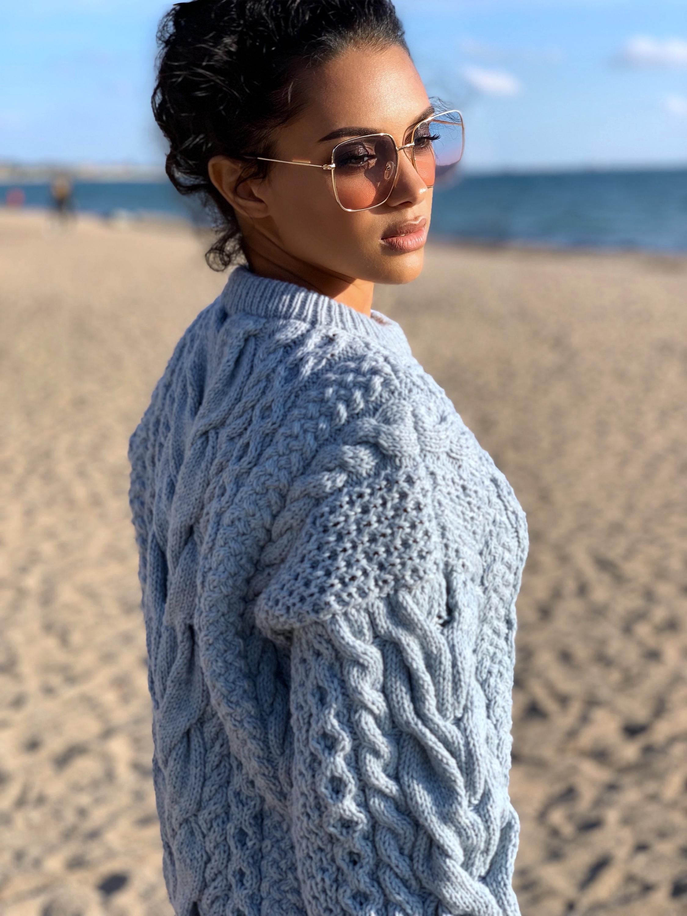 Blue knit merino wool sweater women Hand knit jumper Cable knitting Loose knit Oversized Chunky knit light blue pullover gift for her