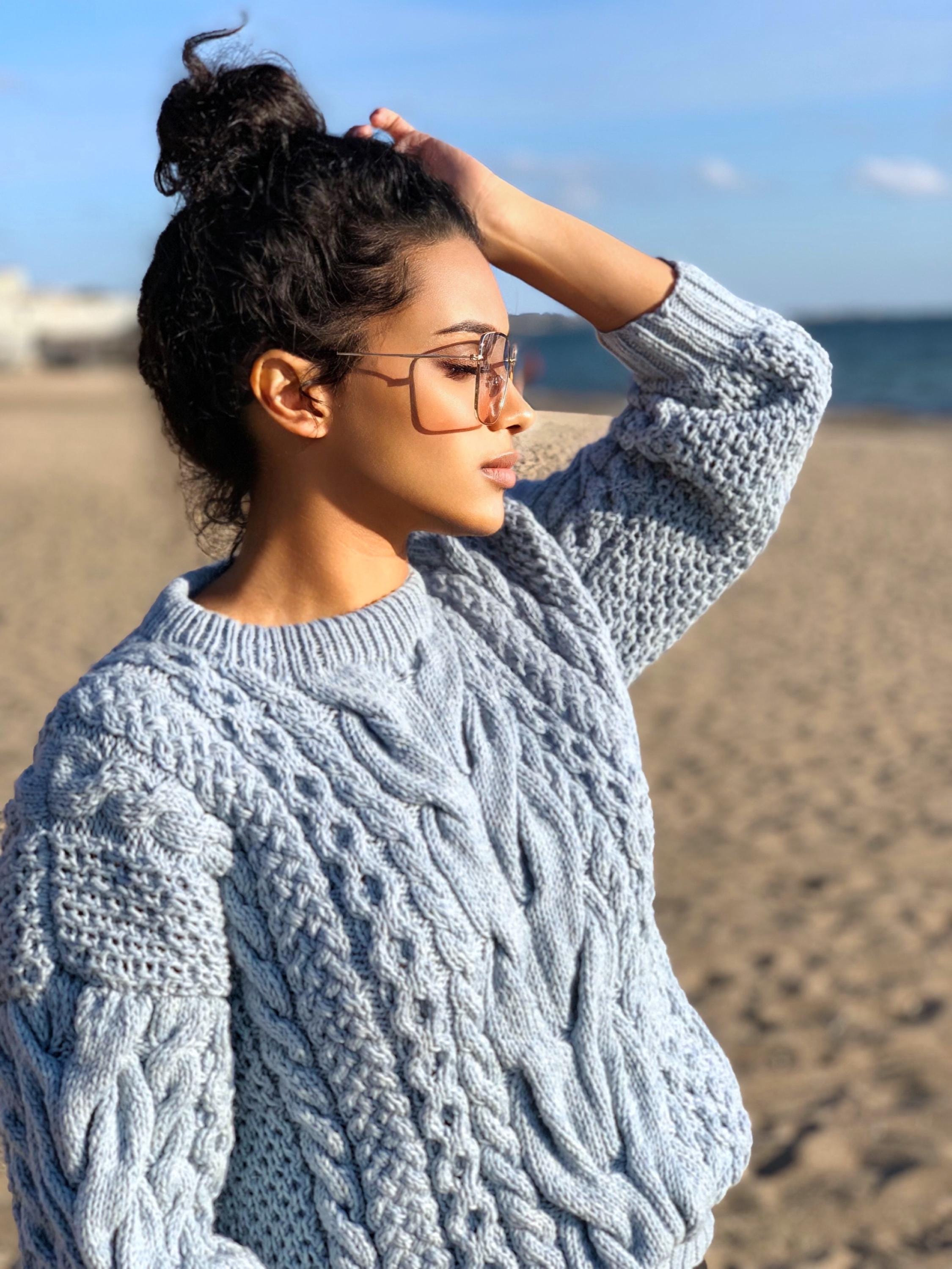 Blue knit merino wool sweater women Hand knit jumper Cable knitting Loose knit Oversized Chunky knit light blue pullover gift for her