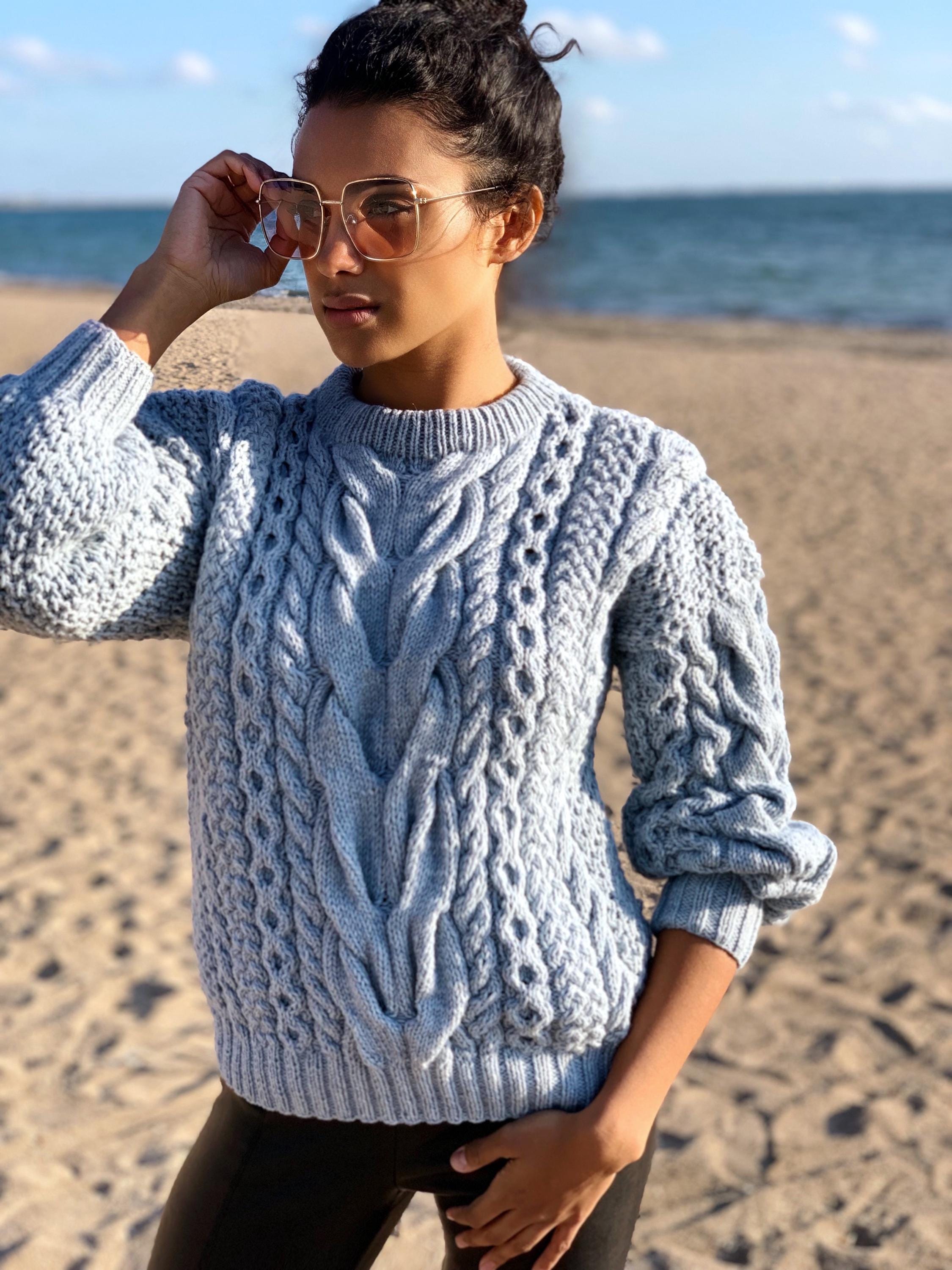 Blue knit merino wool sweater women Hand knit jumper Cable knitting Loose knit Oversized Chunky knit light blue pullover gift for her