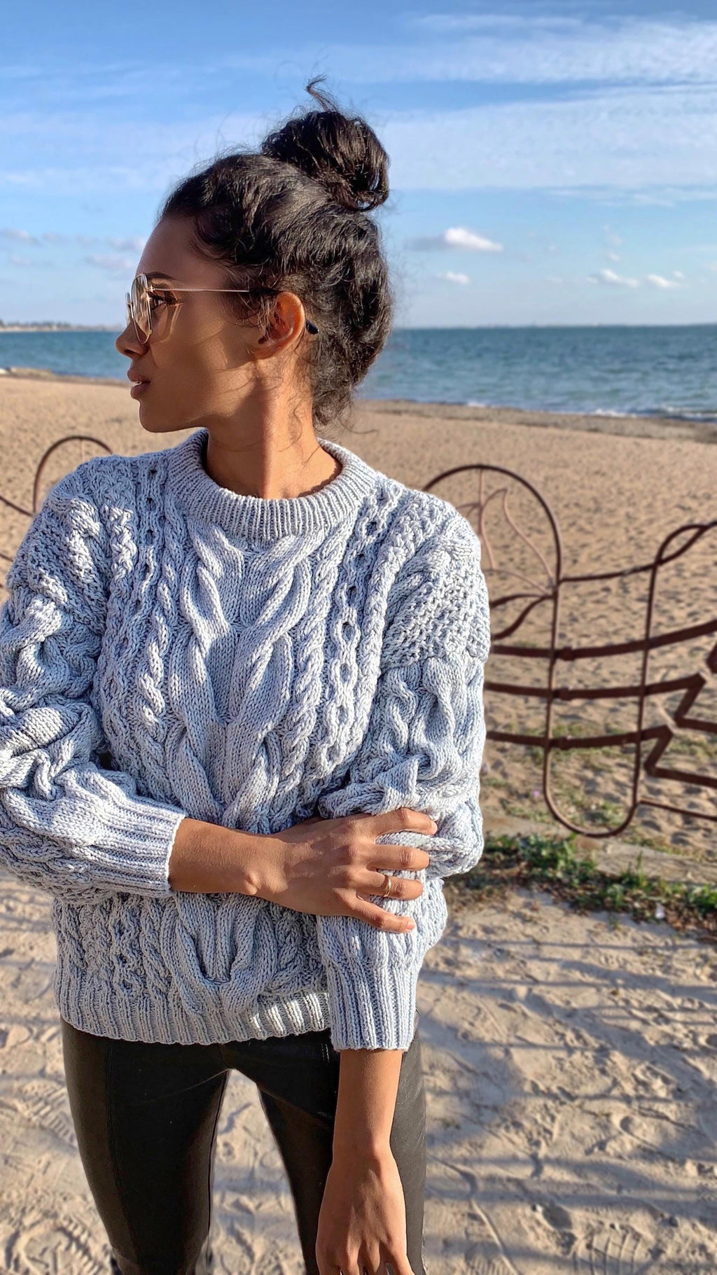 Blue knit merino wool sweater women Hand knit jumper Cable knitting Loose knit Oversized Chunky knit light blue pullover gift for her