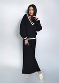 Knitted two piece set for women Black merino knit pantsuit Knit v-neck sweater pleated pants Fall sweater and pants suit Sweater costume