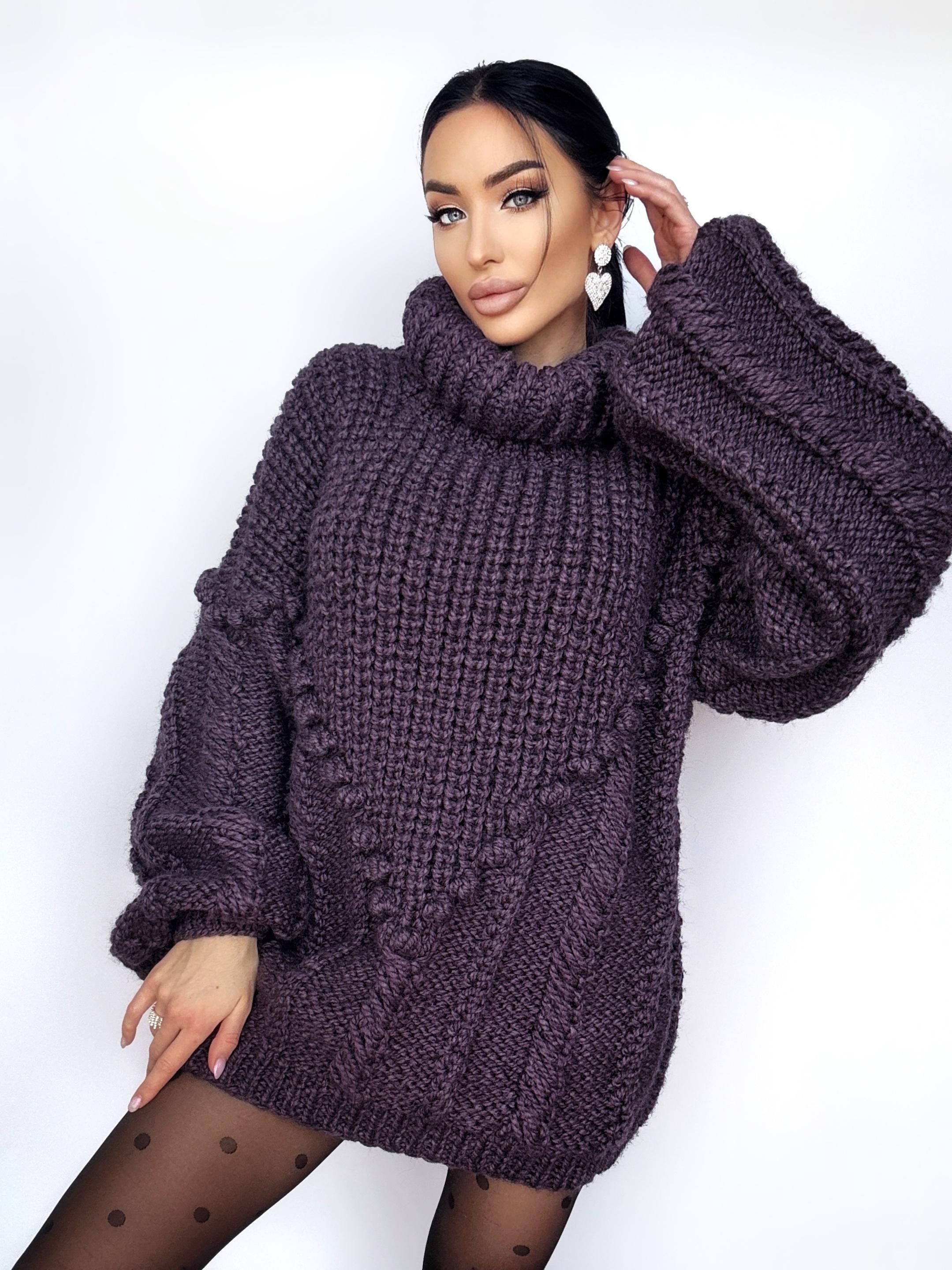 Chunky hand knit Big Plum Brown Purple alpaca wool sweater Cable knit pullover high collar Knitted turtleneck Super Bulky Sweater dress