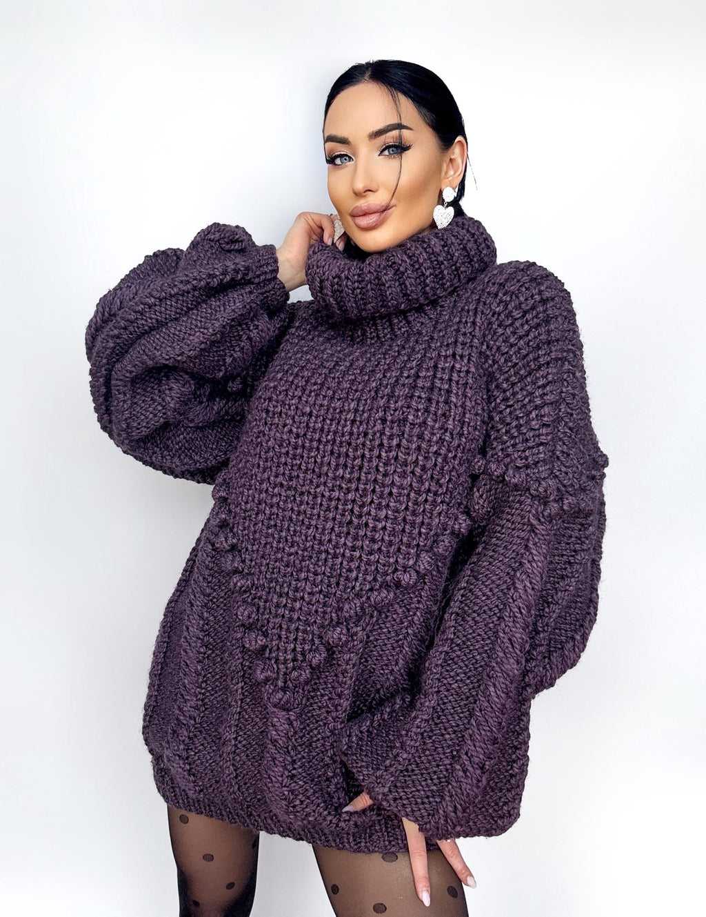 Chunky hand knit Big Plum Brown Purple alpaca wool sweater Cable knit pullover high collar Knitted turtleneck Super Bulky Sweater dress