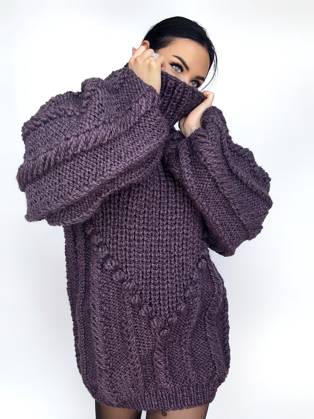 Chunky hand knit Big Plum Brown Purple alpaca wool sweater Cable knit pullover high collar Knitted turtleneck Super Bulky Sweater dress