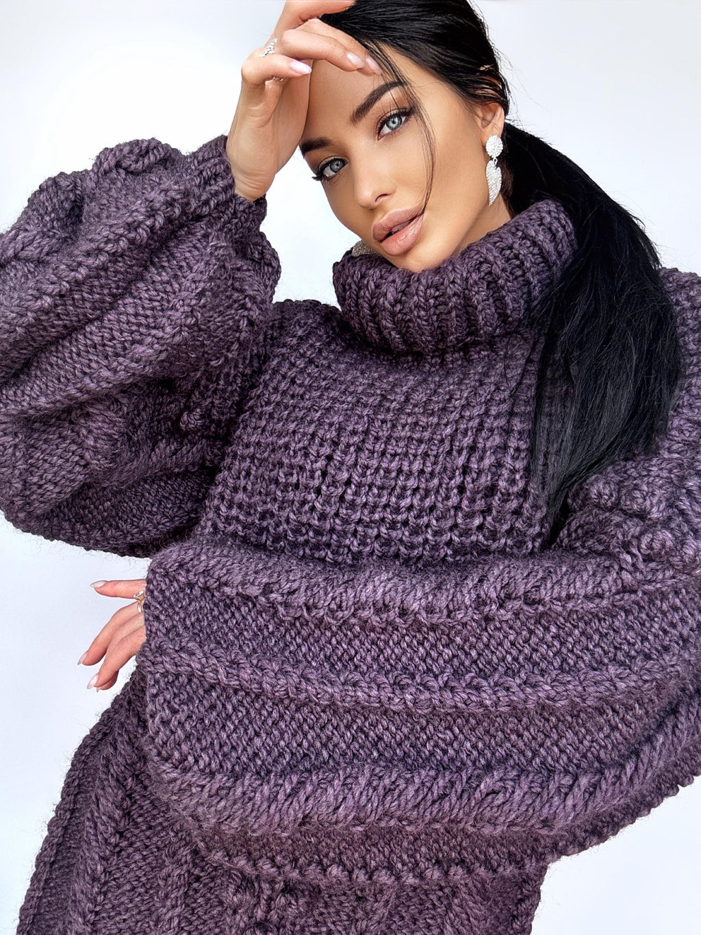 Chunky hand knit Big Plum Brown Purple alpaca wool sweater Cable knit pullover high collar Knitted turtleneck Super Bulky Sweater dress